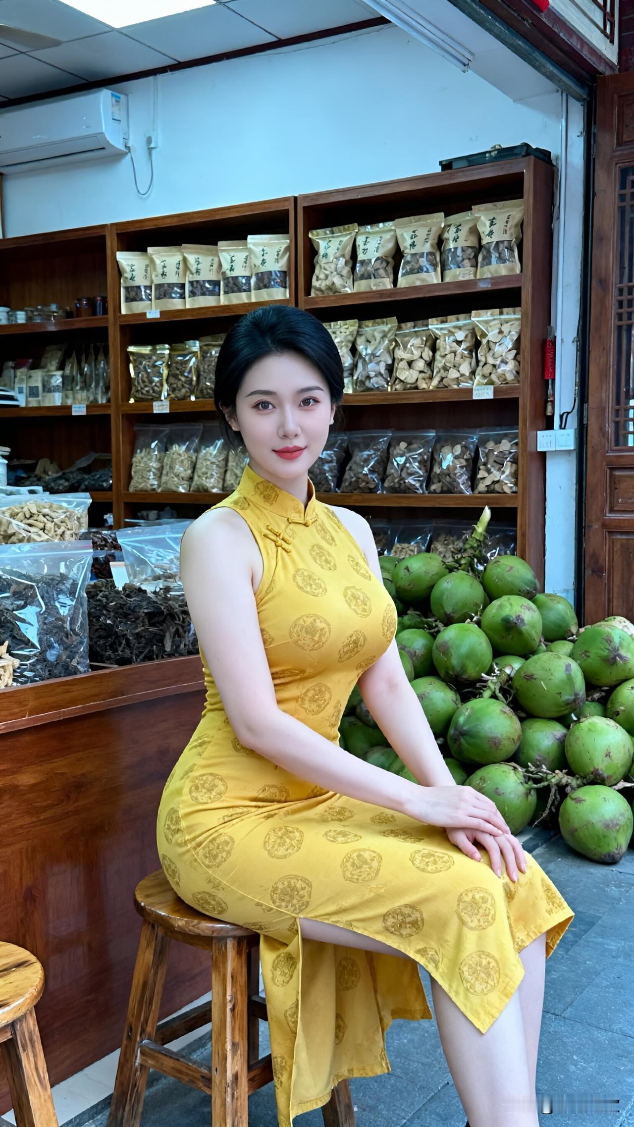 被大爷们围观了！穿旗袍去爷爷的干货铺看店，第3张图绝了今天替爷爷看店，没想