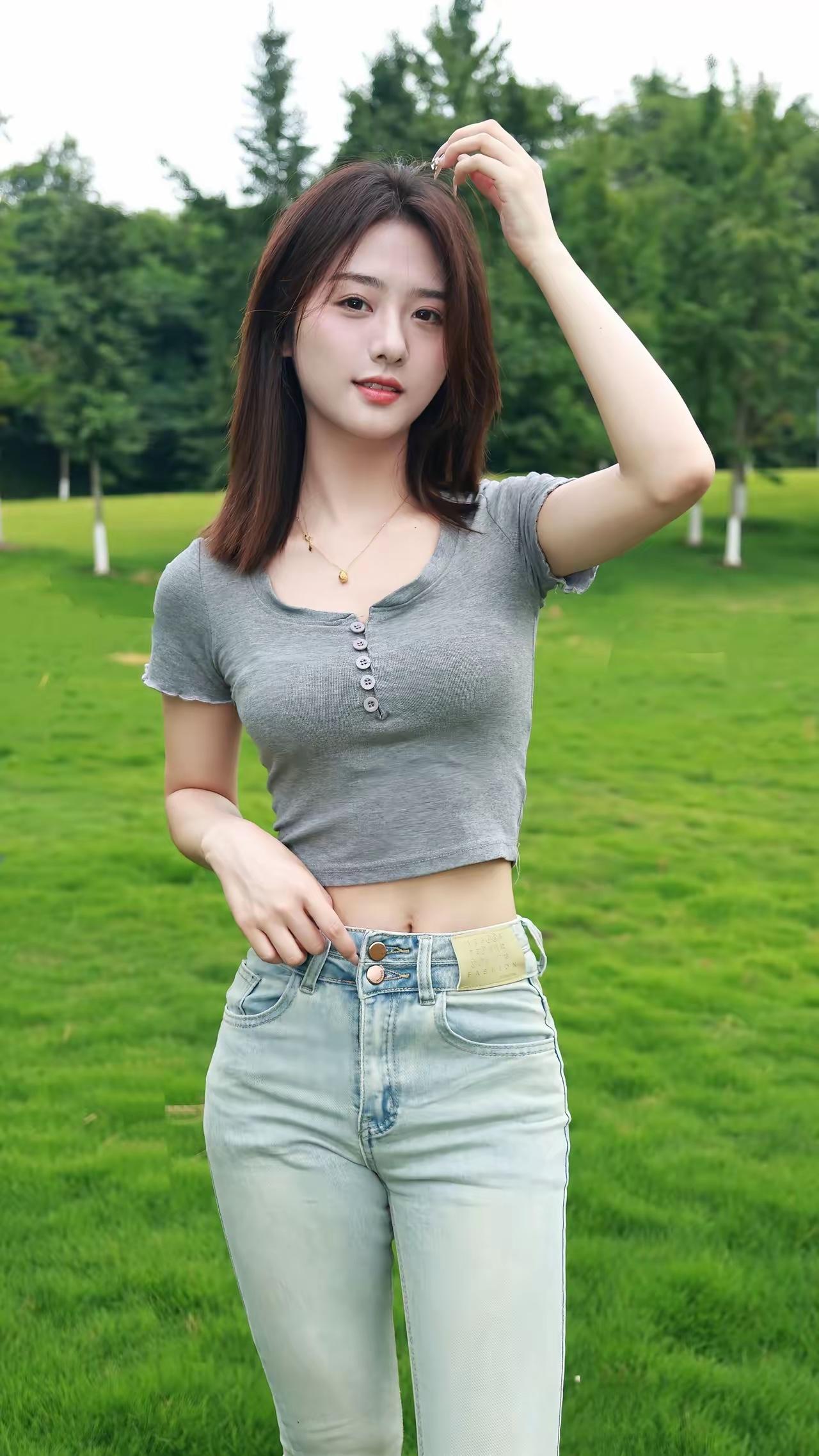 夏日清新穿搭，浅灰色短袖+高腰牛仔裤，轻松自在！🌞👗👖