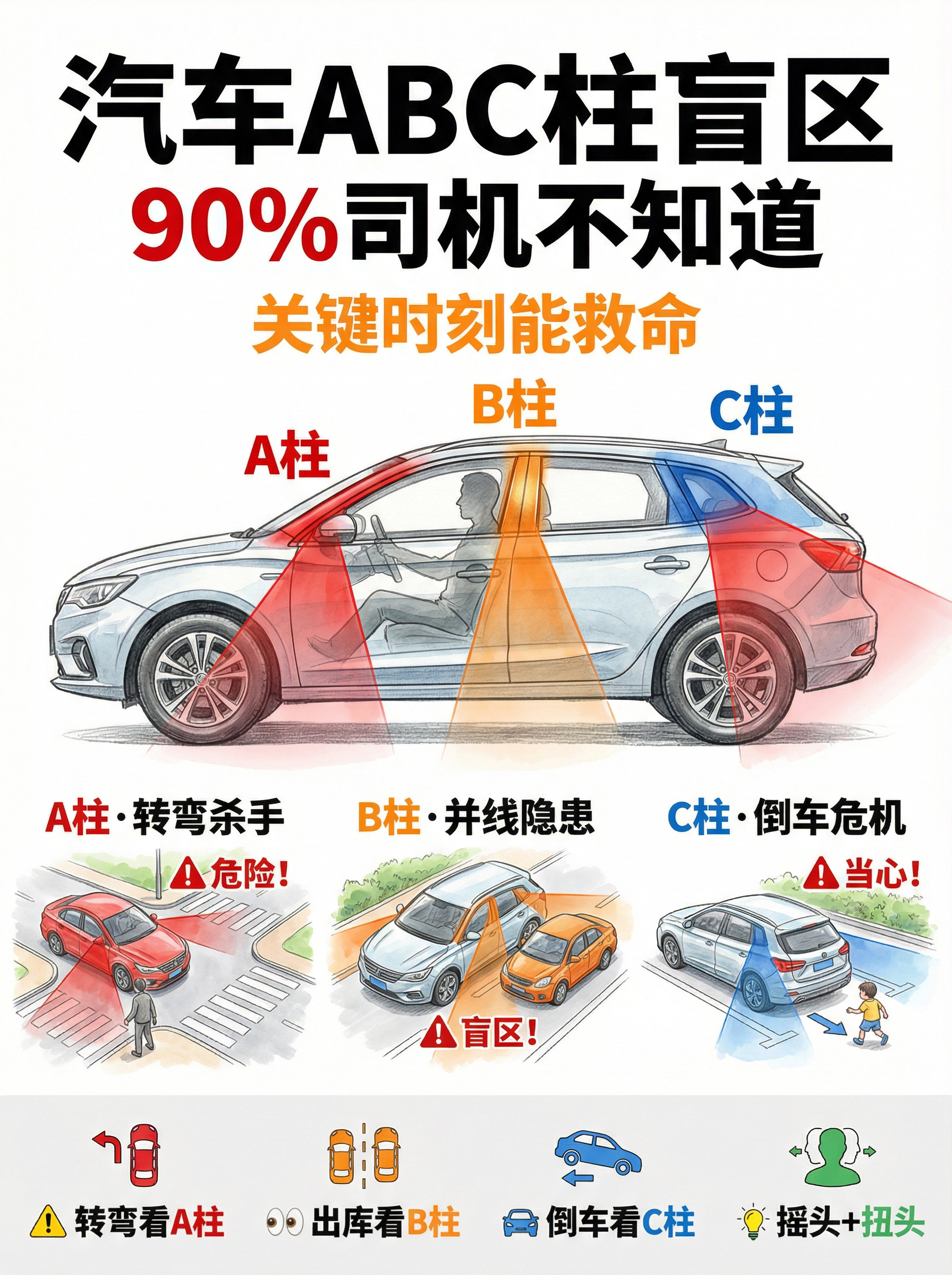 记住ABC盲区，开车少刮蹭。A柱在前挡两侧，转弯最挡视线，要前后晃头多观察；B柱