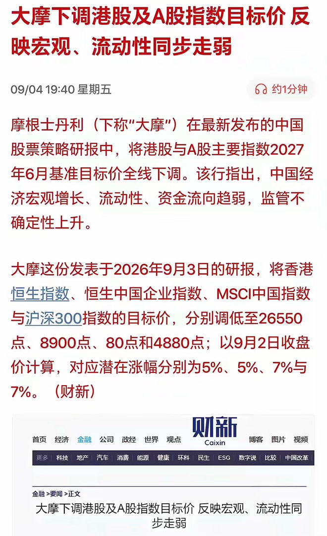 完犊子！来利空了，大摩直接下调A股指数目标价，周一又悬了？国际知名投资机构摩根士