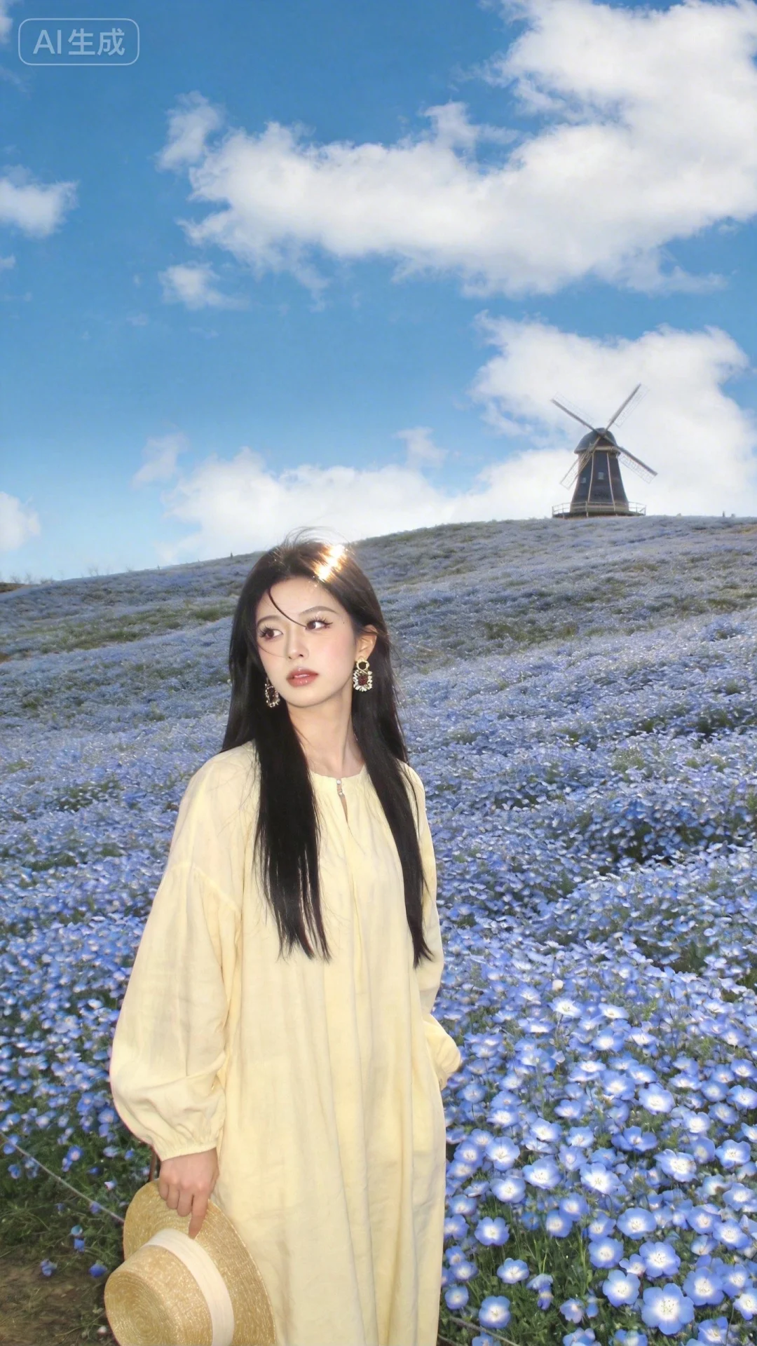 图片风格为曦梦，添加梦幻朦胧感，环境为晴天，柔和的光线笼罩，人物是一位长直发的年