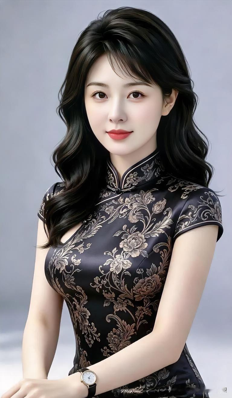 黑金旗袍勾勒曼妙曲线，温婉气质与古典纹样交融，腕间时计轻诉岁月静好，尽显东方雅致