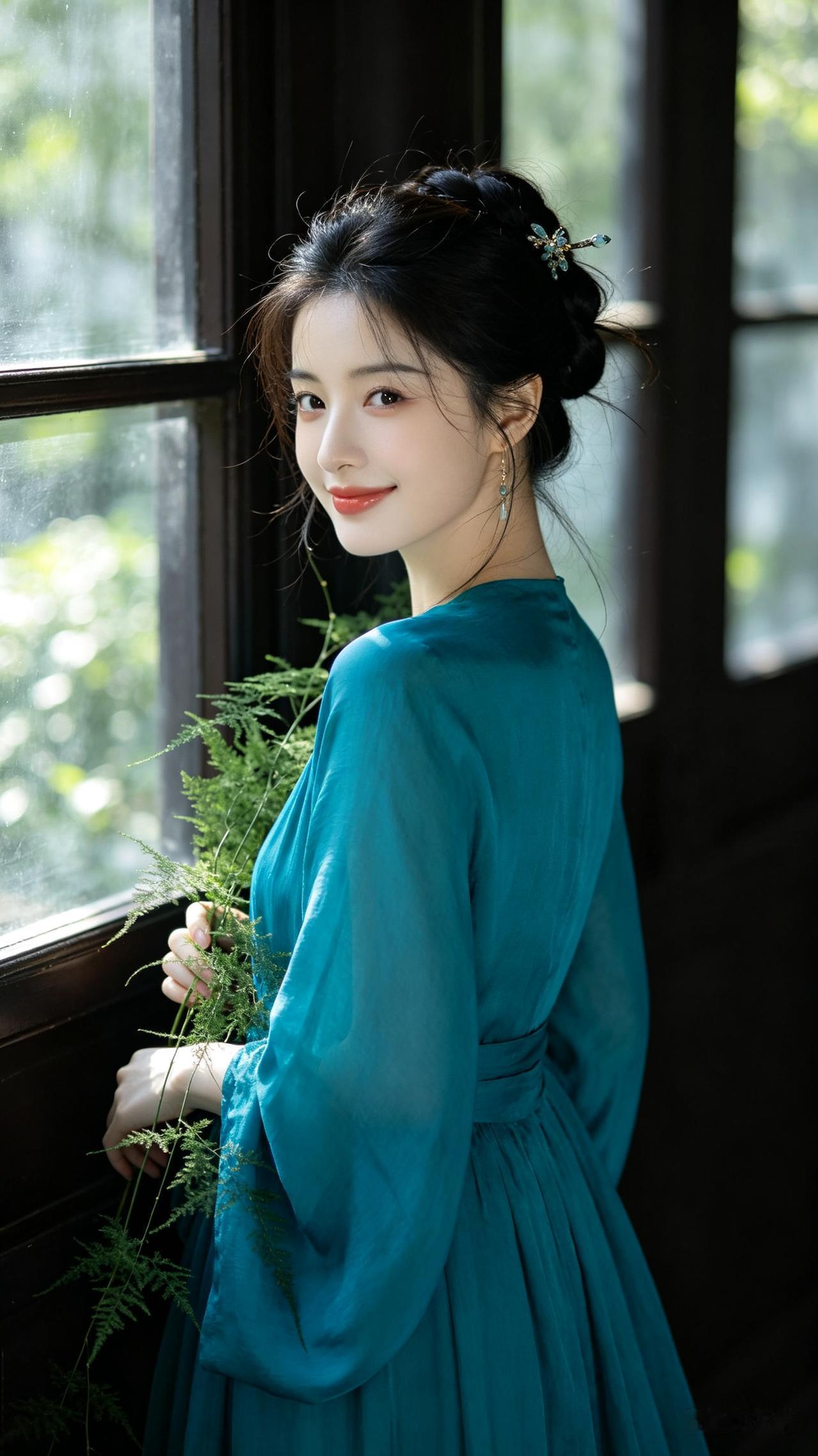 25岁高颜值女子，黑色盘发配精致发饰，身着艳青色长裙立于窗边，单手持绿植，身体微