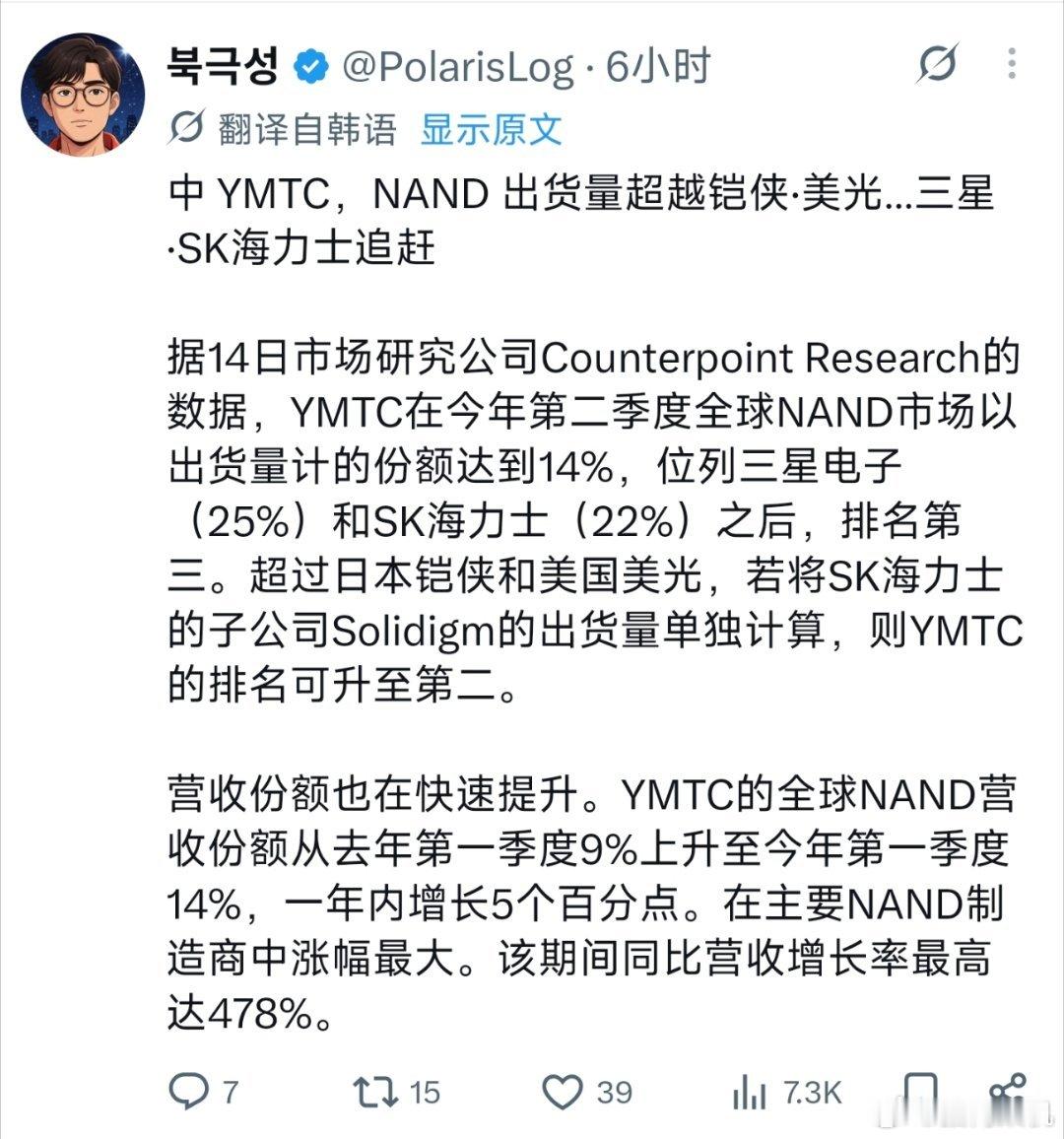 这次存储上涨，好像变相扶植国内供应链了。长江存储上个季度市场份额超过铠侠和美光，市场份额来到14%，