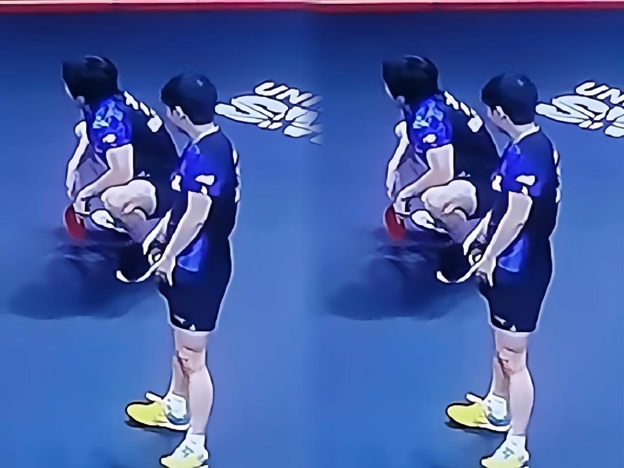今天混双决赛有个瞬间我反复看了好几遍。第五局4：5落后，大头救完球蹲地上