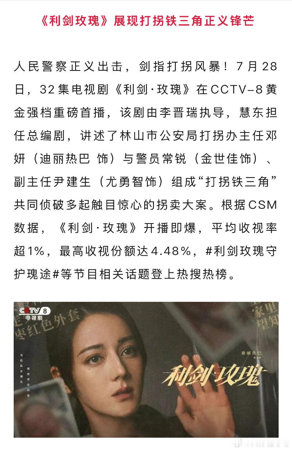迪丽热巴《利剑玫瑰》，开播当日，酷云最高2.44+！CMG认证开播即爆！期待