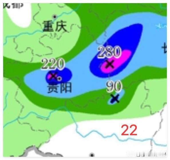 哎！连续2天，贵州都是全国最大的暴雨中心啊！6月22日，贵阳及周边，暴雨，大暴雨