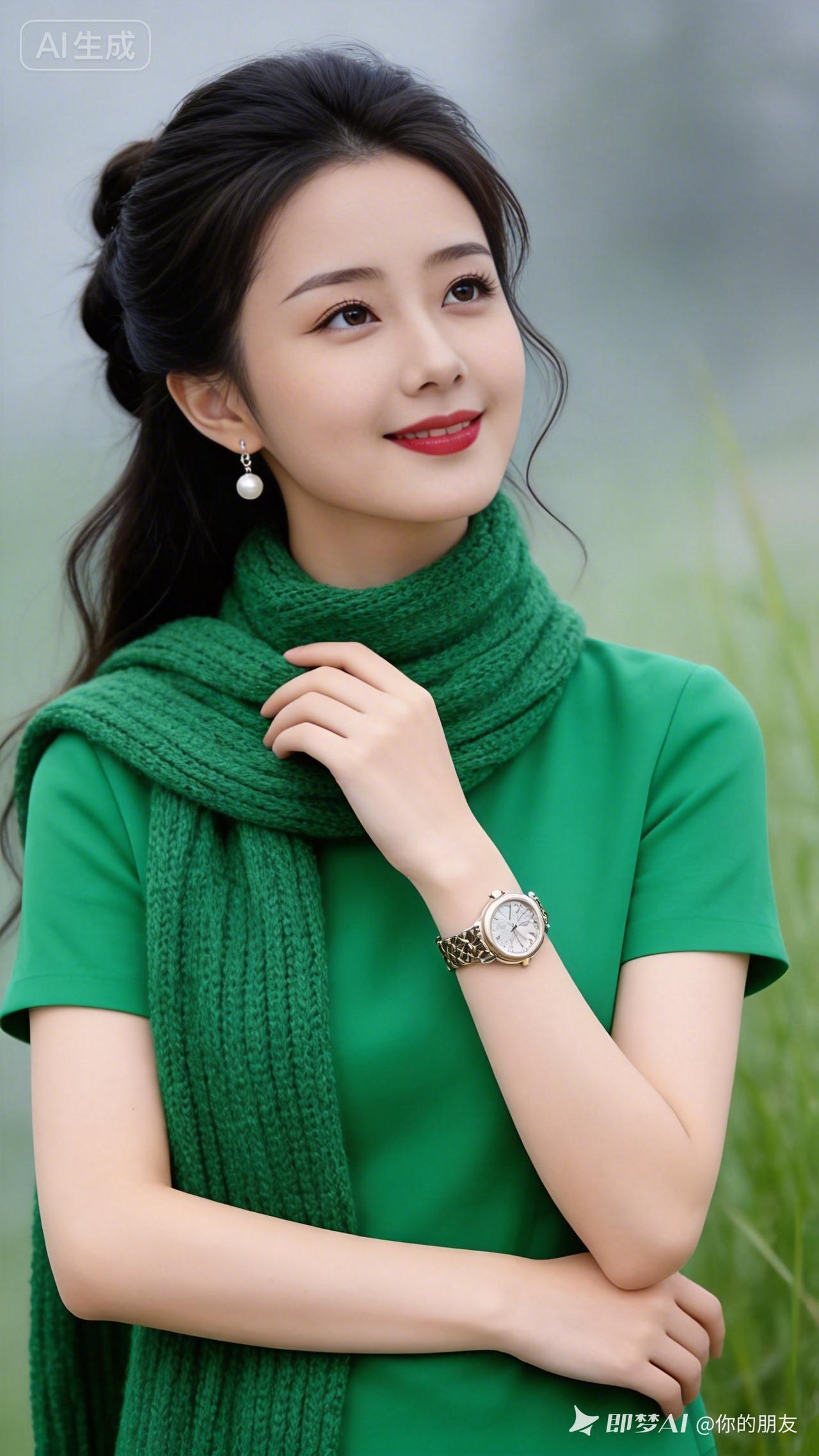 秋日暖阳下，绿意盎然，温柔微笑，时尚穿搭！