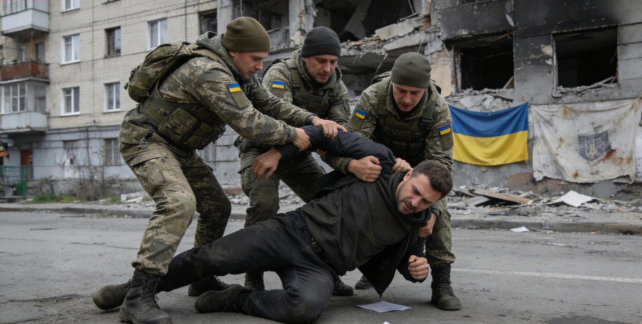 乌克兰3名征兵员没按住一个人一段乌克兰街头征兵视频引发关注：三名征兵人员试