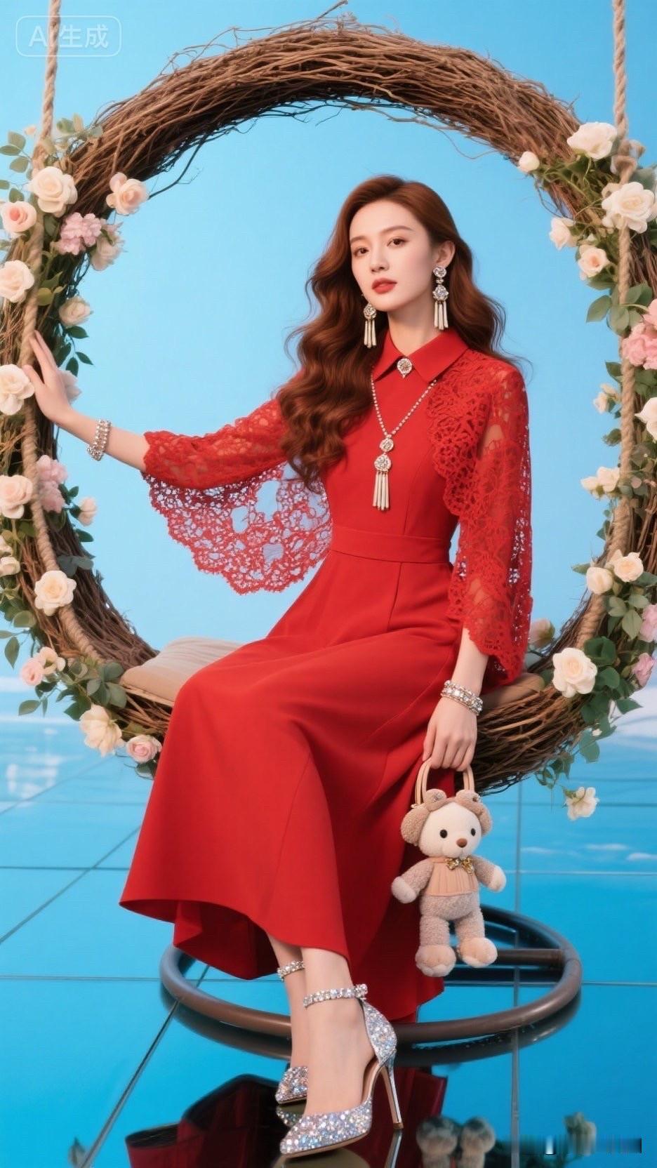 穿红色裙子的美女坐在花篮里。