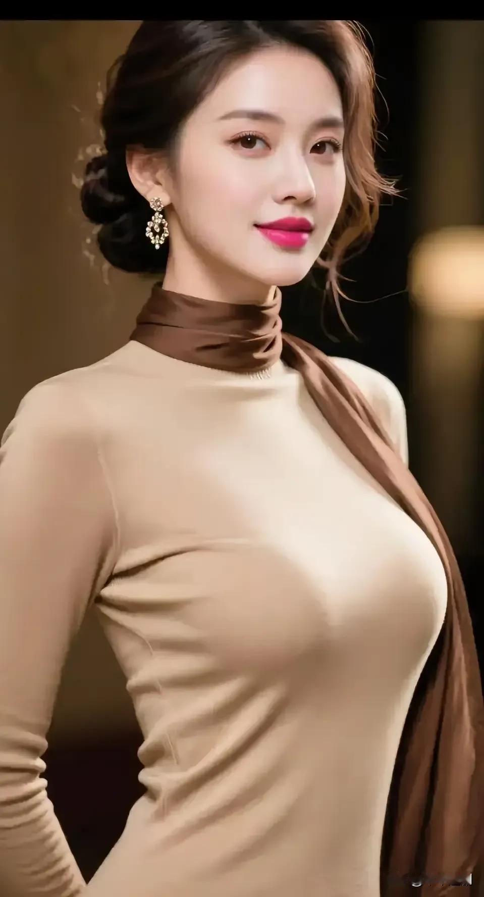 什么样的穿搭可以成为气质女神?奶茶色修身裙衬着咖色丝巾，钻饰耳坠揉出优雅又大气