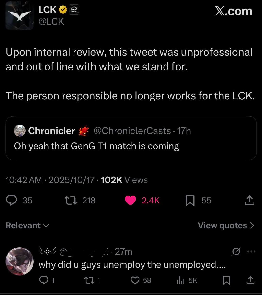 LCK官方转推Chronicler（今年世界赛后会正式离职的LCK英文赛评