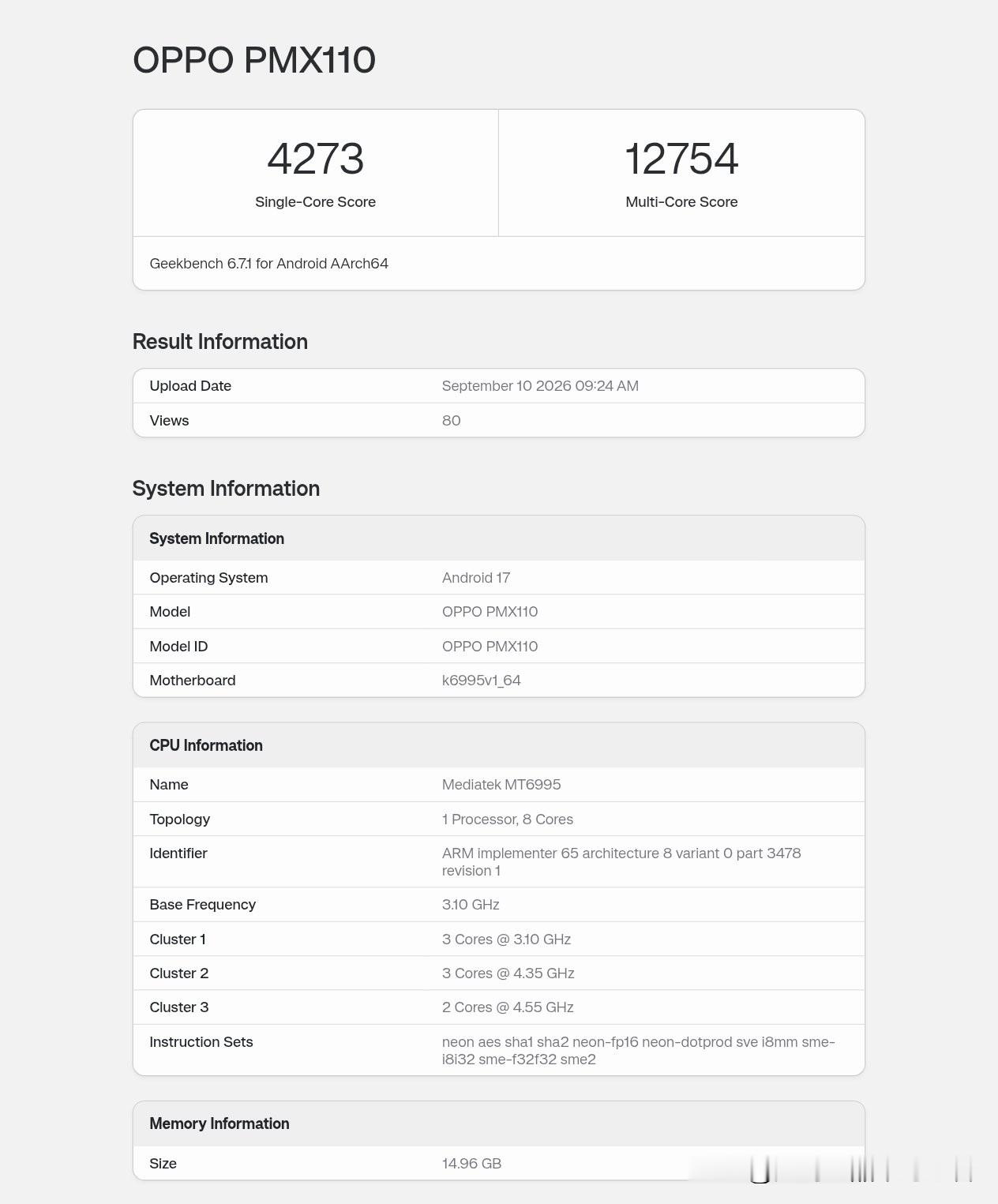 OppoFindX10ProMax(PMX110)联发科天玑9600ProGeekbench6.7.