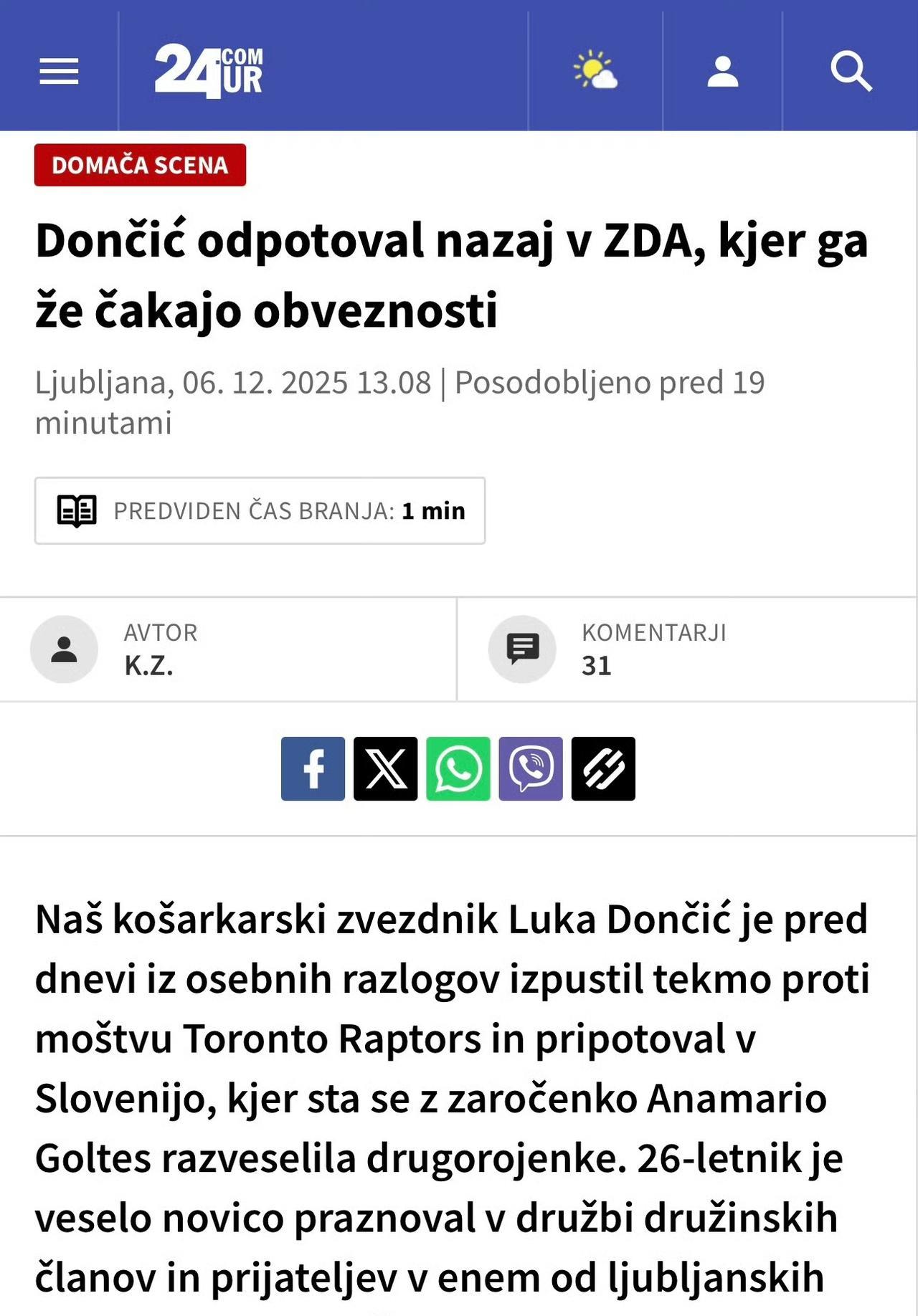 斯洛文尼亚当地媒体：东契奇已经乘坐私人飞机返回美国。东契奇日前因个人原因缺席了