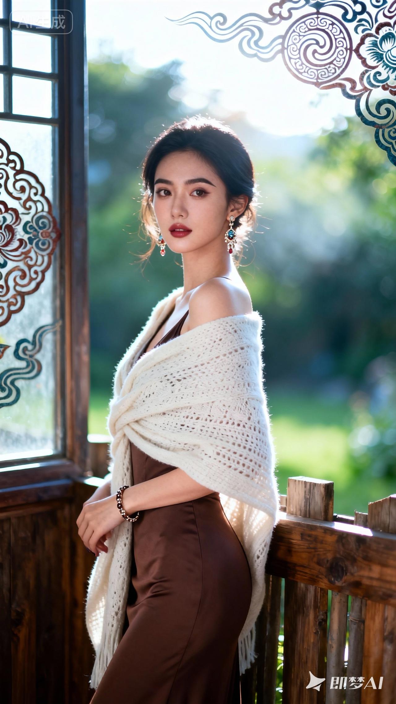 棕色连衣裙搭配白色针织披肩，这优雅复古风直接拿捏住了！棕色不挑肤色，秋冬穿超有温