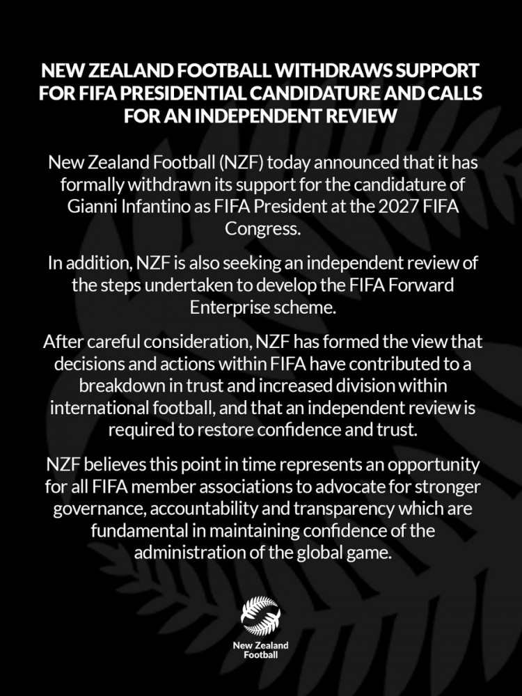 新西兰足协声明: 撤回对因凡蒂诺竞选FIFA主席的支持