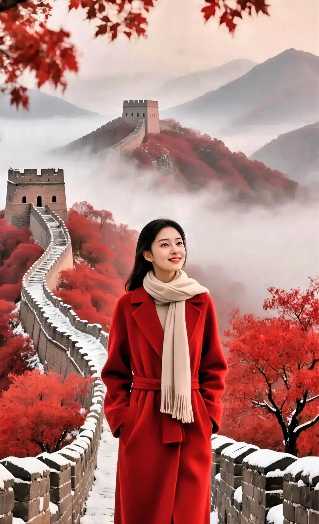 这诗里的长城秋景也太绝了吧！层林染得像赤霞在流，古墙盘着云连着清秋，残雪带