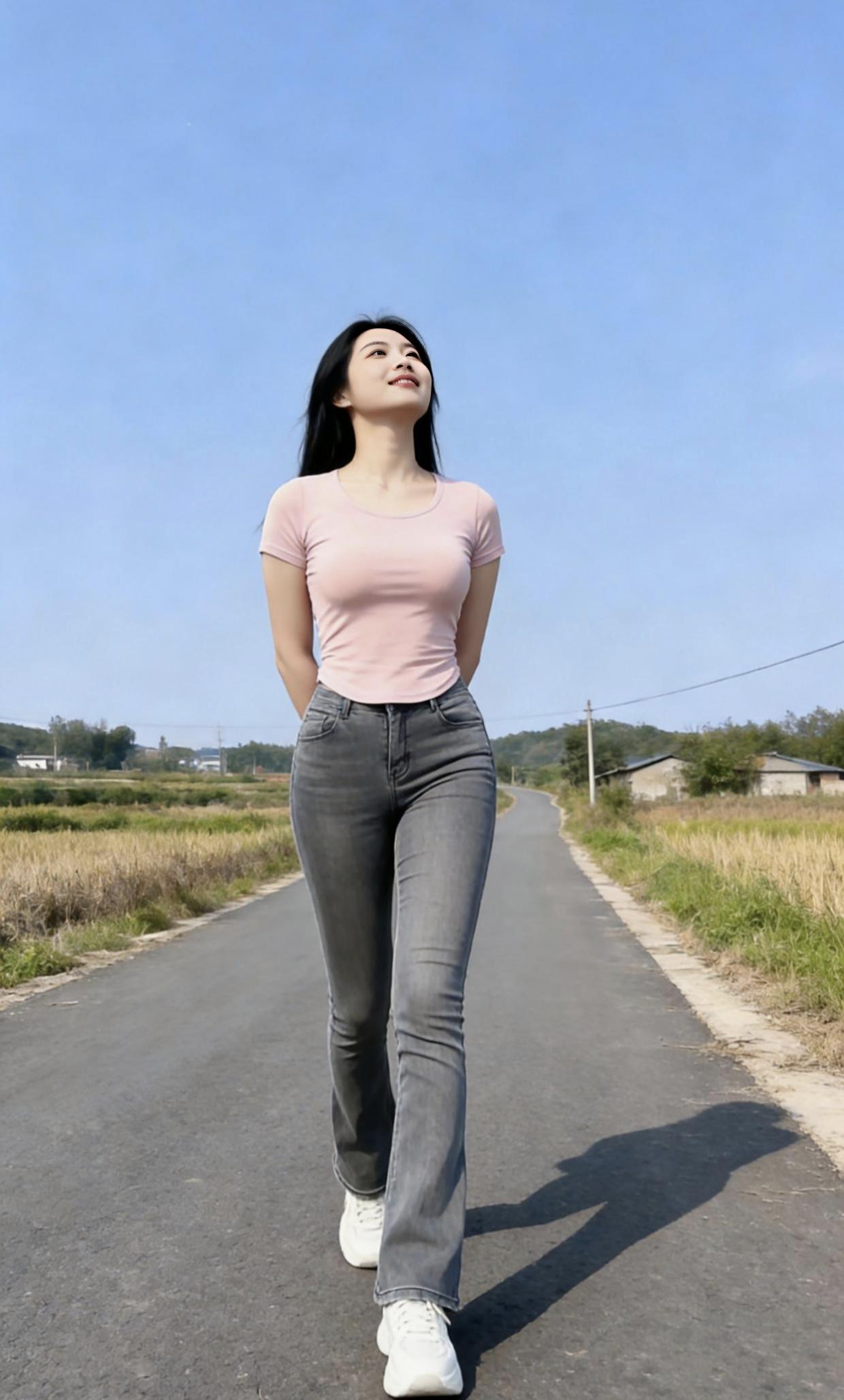 乡间小路被蓝天铺成温柔的画布，粉衫与灰牛仔揉出随性的甜，风掠过发梢时，草帽晃出细