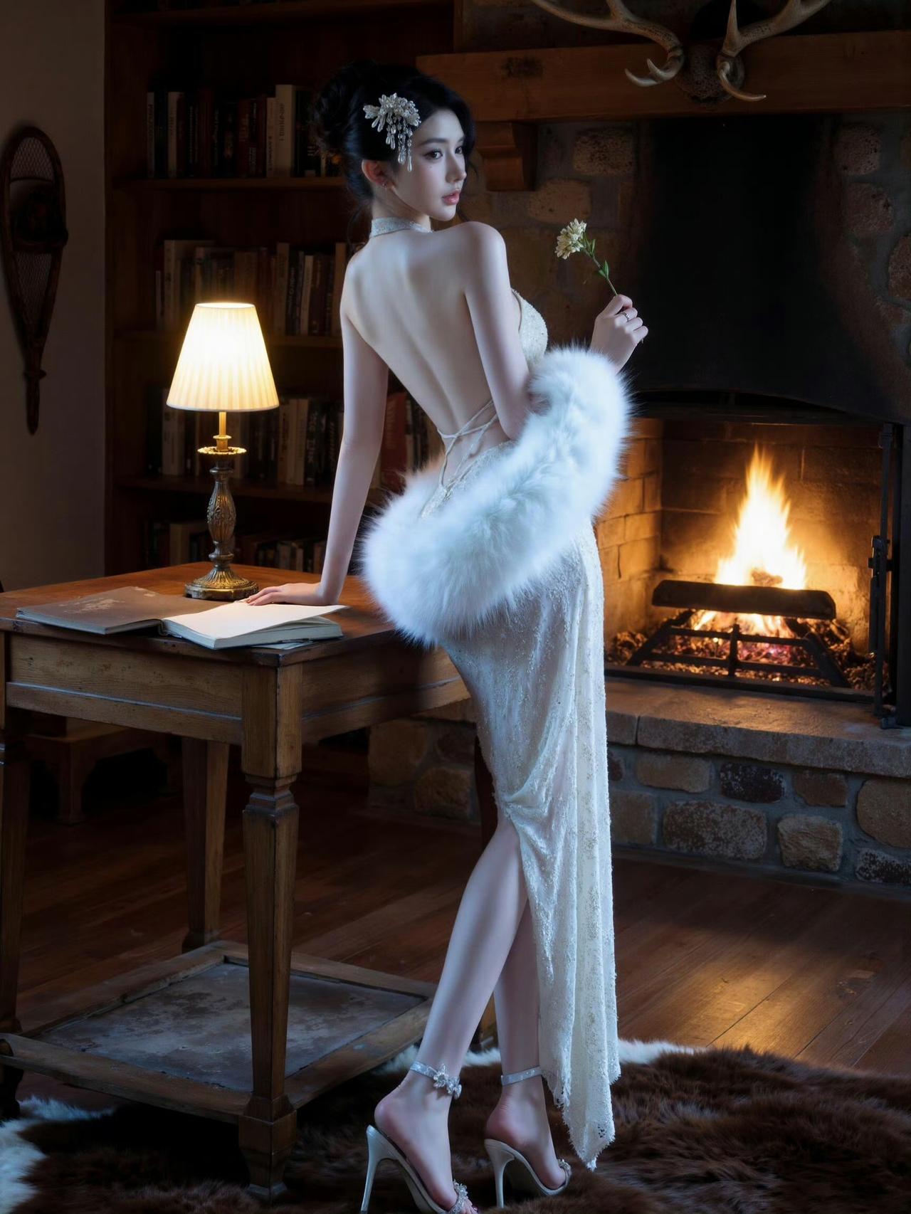 复古书香中，优雅女子倚靠壁炉，手持鲜花，尽显柔美与高贵。