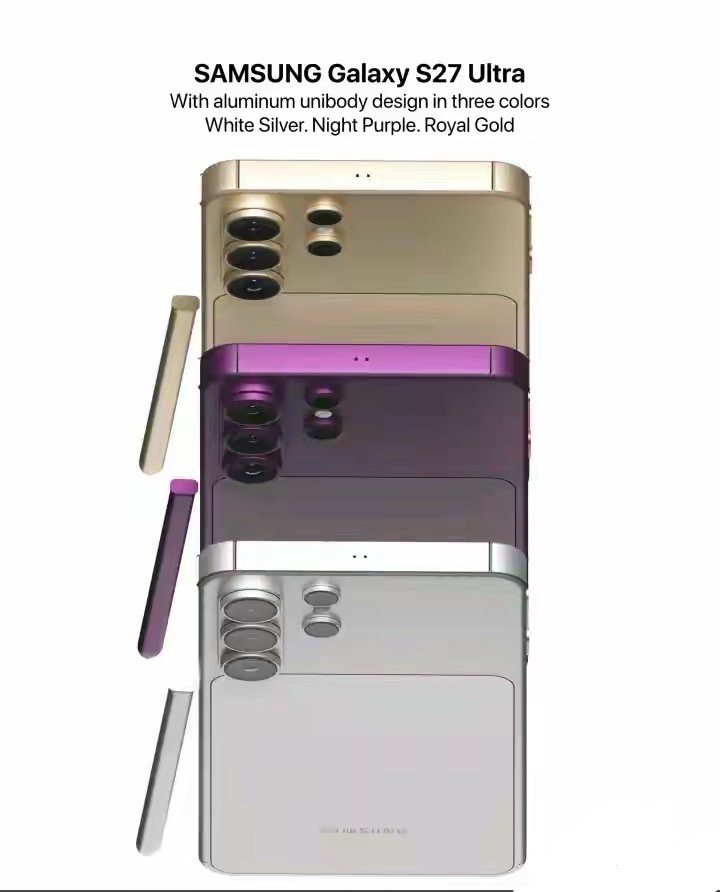 三星S27Ultra这组渲染图真的戳到我了！！铝一体化机身质感拉满，三种配色里