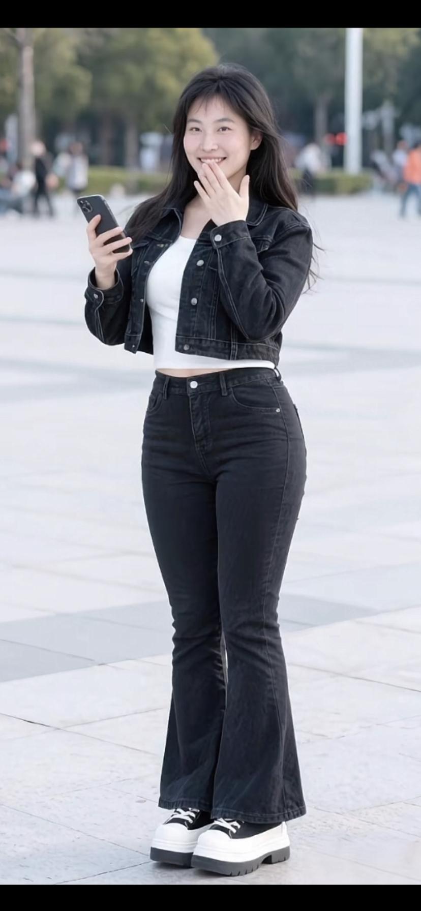 牛仔夹克+高腰牛仔裤，轻松出街！