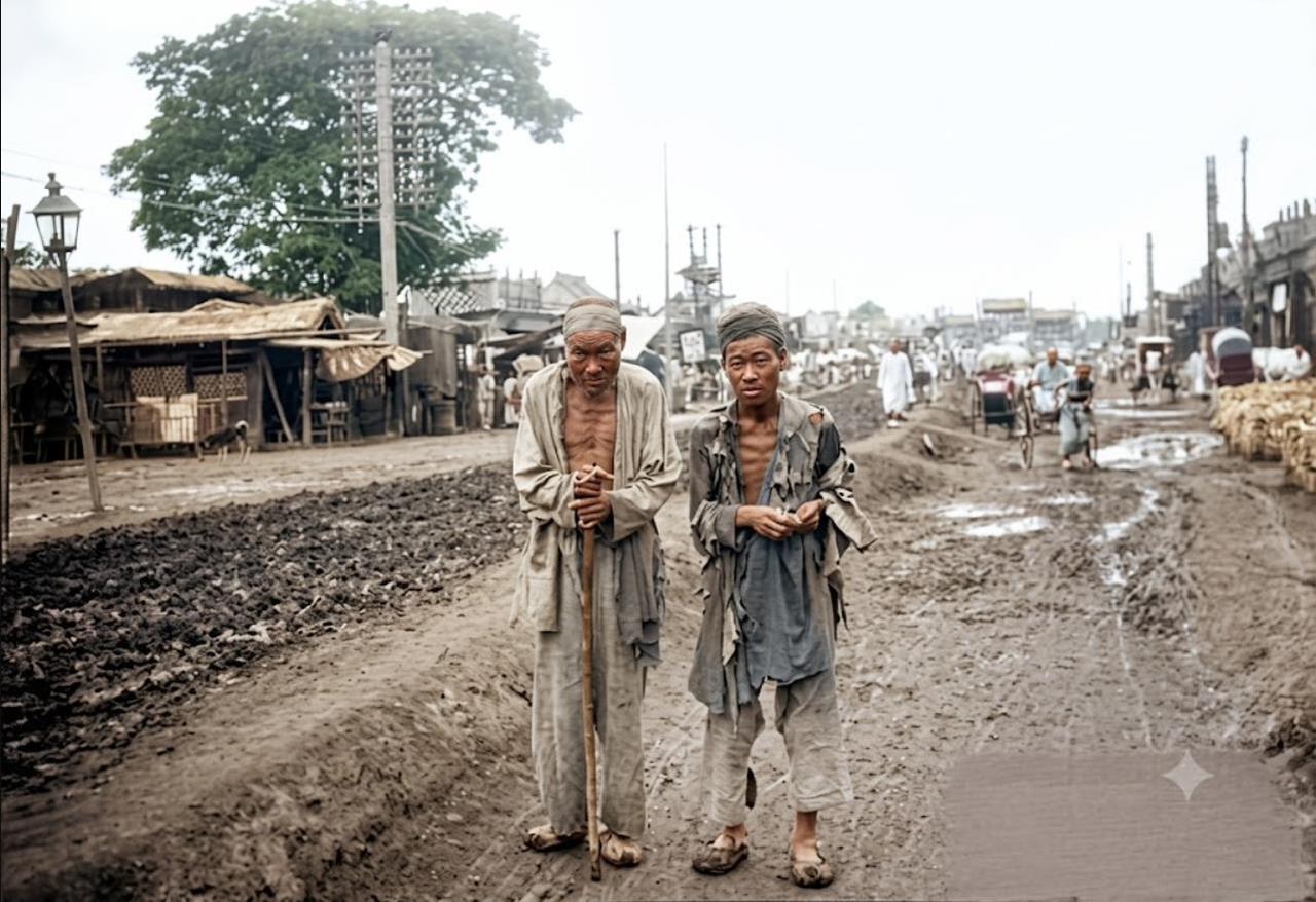 清末街头，两名老年乞丐沿街乞讨，两人身形极度枯瘦，胸前肋骨清晰凸显，衣衫褴褛，原