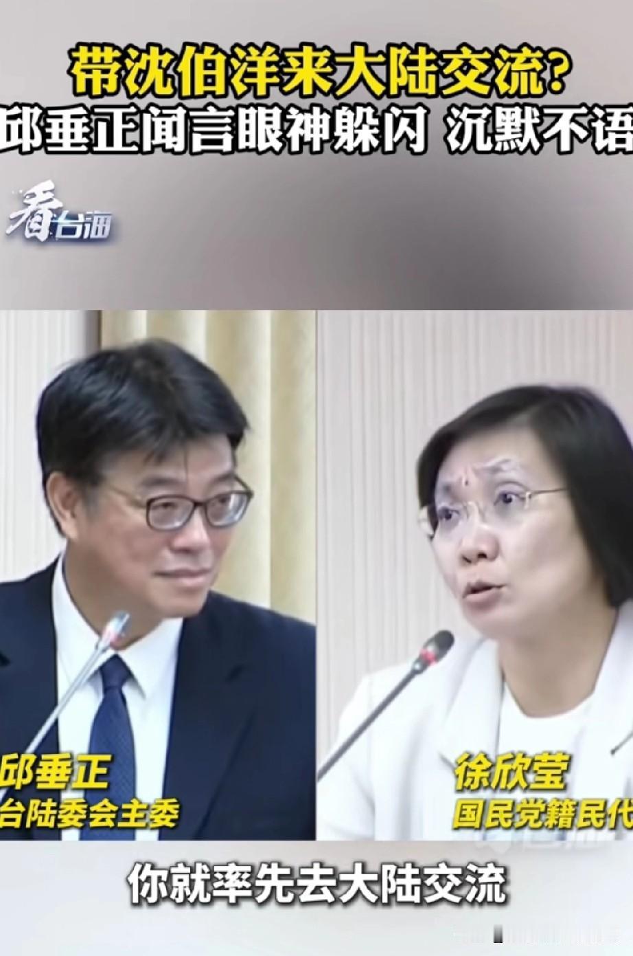 徐欣莹挑衅邱垂正：你带沈伯洋去大陆交流啊！徐欣莹质问陆委会主委邱垂正：“身为