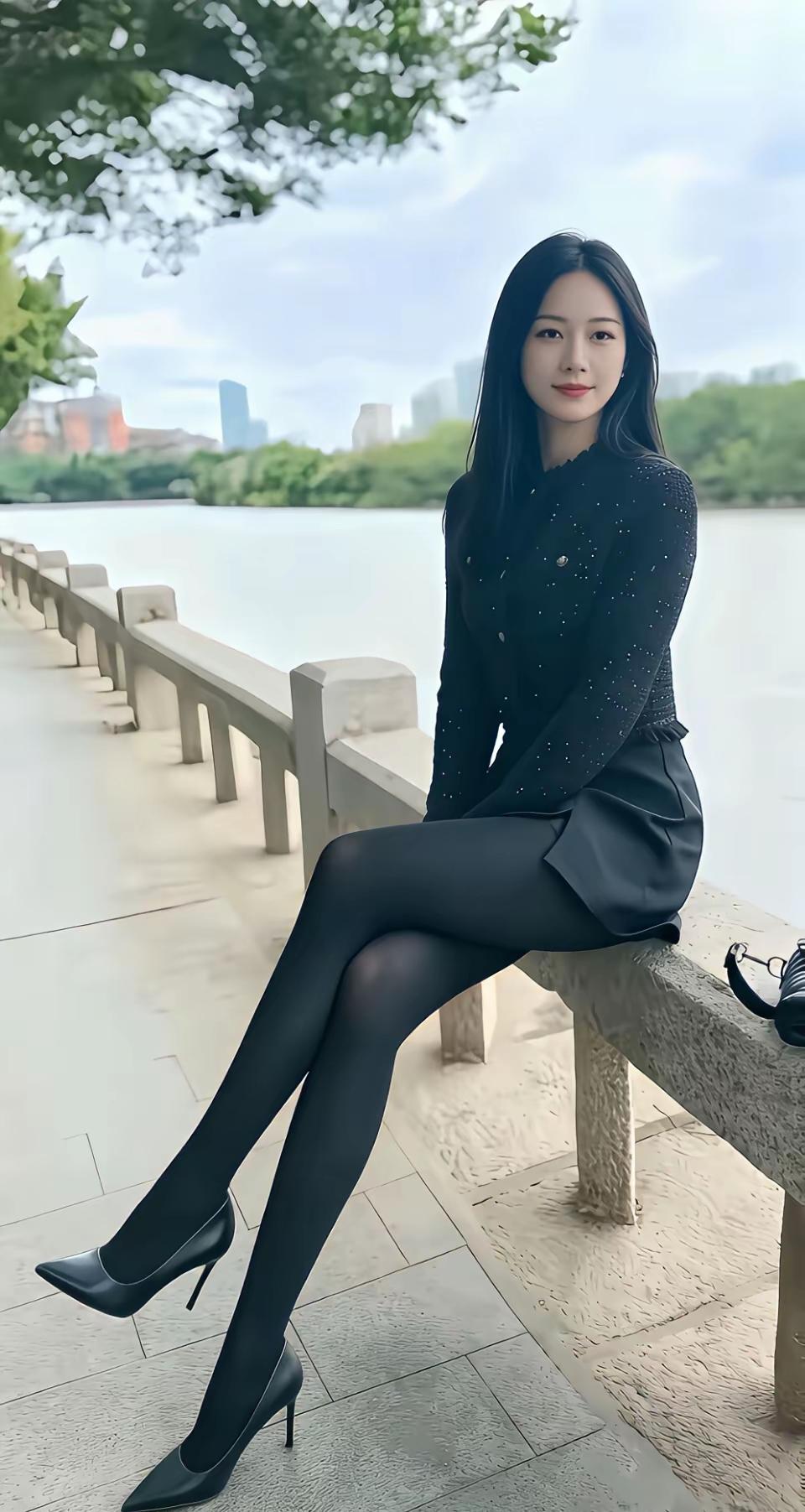 一袭黑色蕾丝长裙，慵懒倚坐在湖畔长椅，画面温柔又治愈，氛围感直接拉满。好似