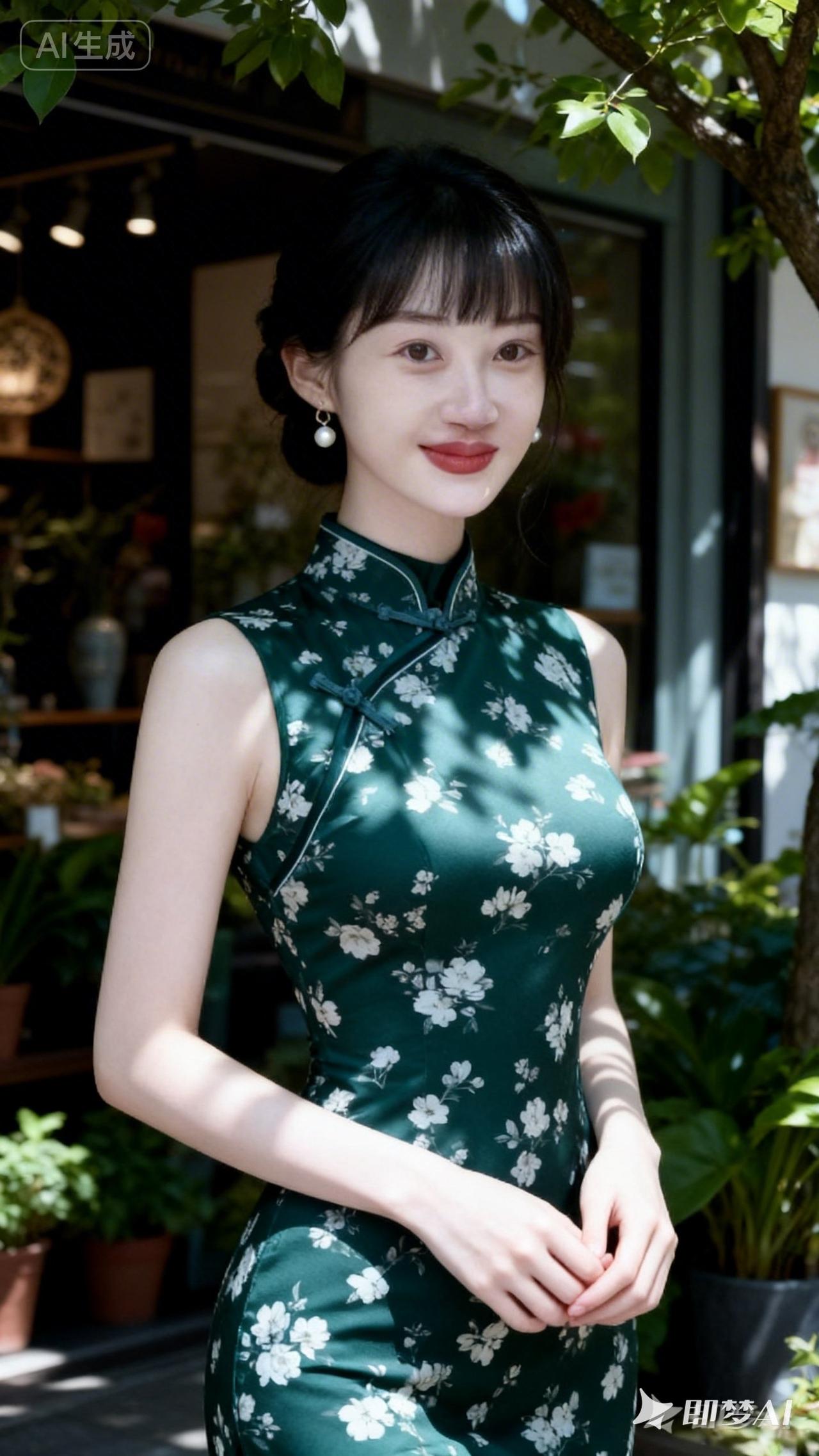 优雅旗袍，绿意盎然，夏日风情