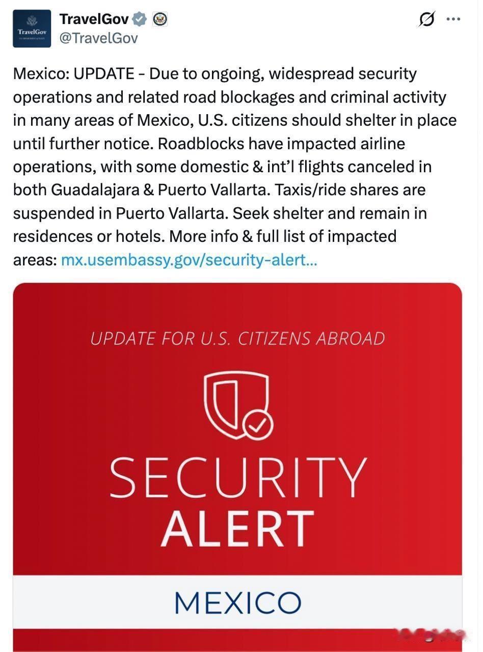 美国国务院向在墨西哥的美国公民发布最新消息：墨西哥军方在一次行动中击毙了哈利