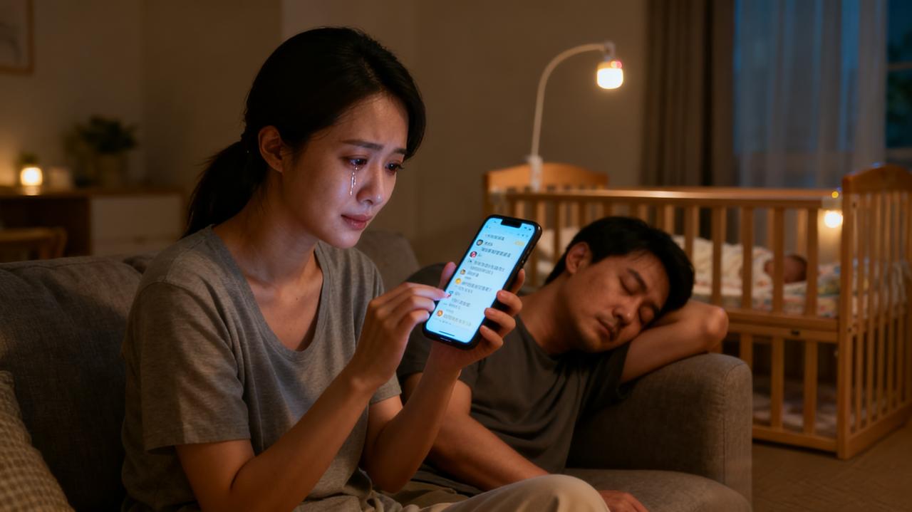 凌晨3点,我刚给二宝换完尿不湿,瞅见老公在客厅沙发上睡得打呼,手机亮着屏。
