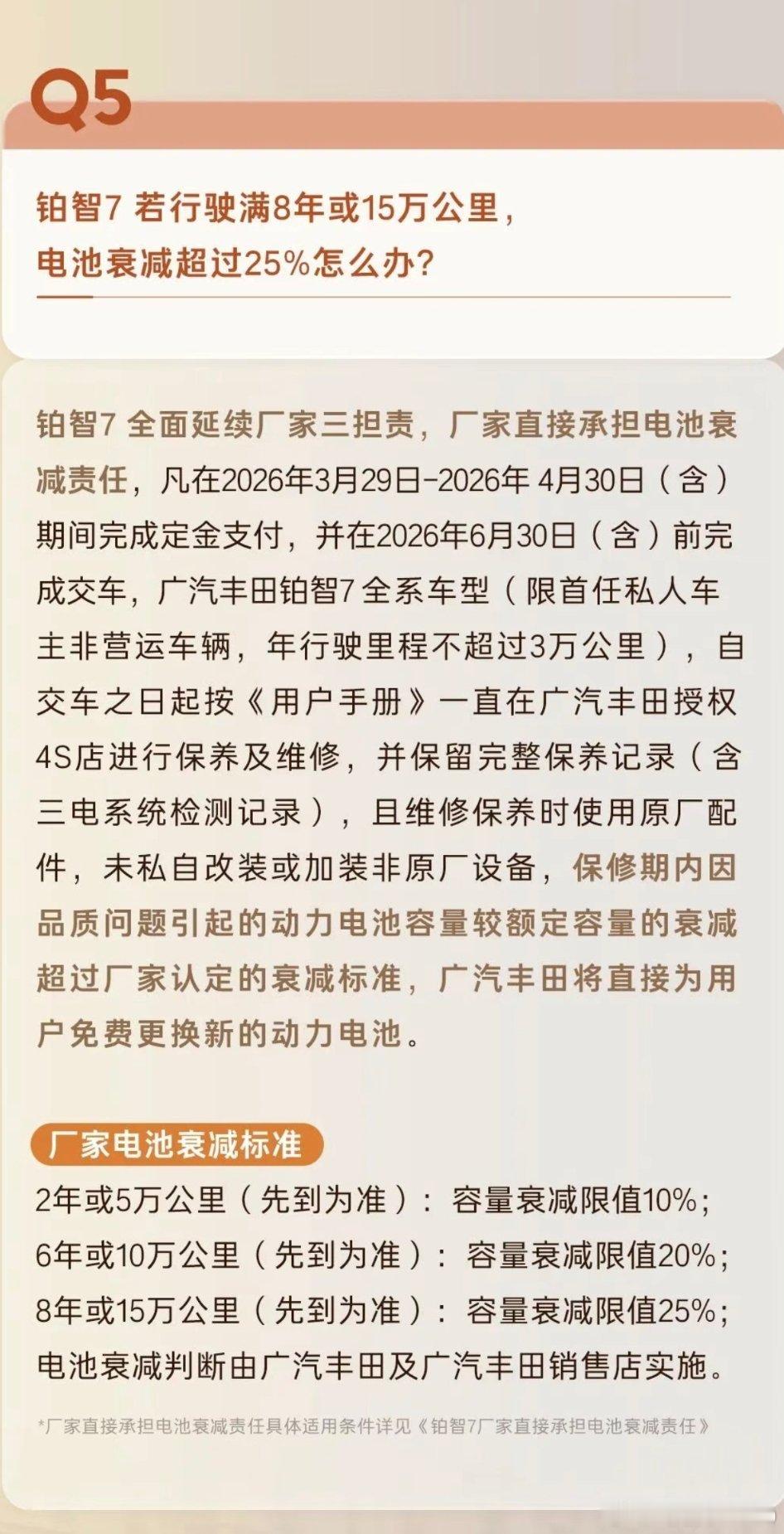 非常清晰，广汽丰田铂智7的售后担责条款很多车企的电池衰减标准使用“健康度”的概念