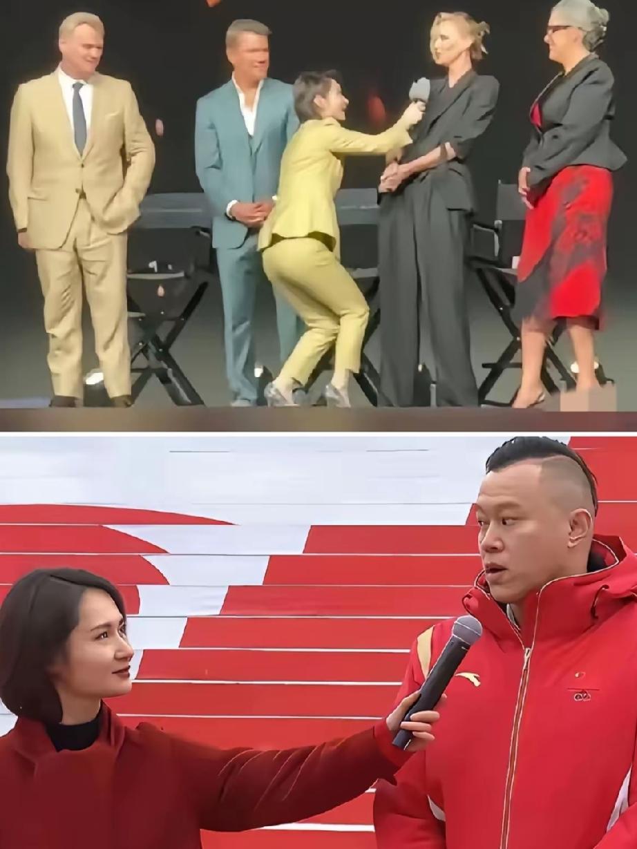 同一位主持人，两套截然不同姿态，两张图摆在一起，反差看得人心里很不是滋味。《奥