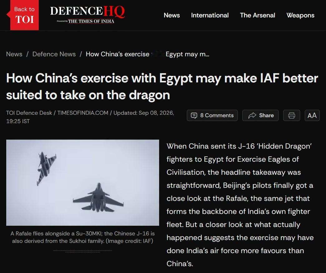 《印度时报》出现了一篇标题为《中国与埃及的演习如何让印度空军更能对付潜龙战机（歼