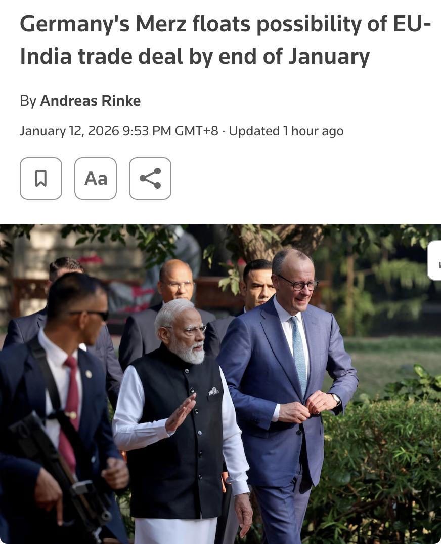 外媒：德国总理默茨表示，欧盟和印度可能在1月底前达成自由贸易协定。若谈判及时完成