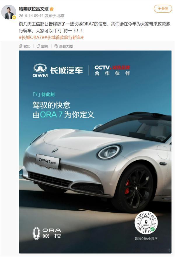 【科技快报网】6月15日消息，长城汽车哈弗欧拉品牌总经理吕文斌表示，长城ORA