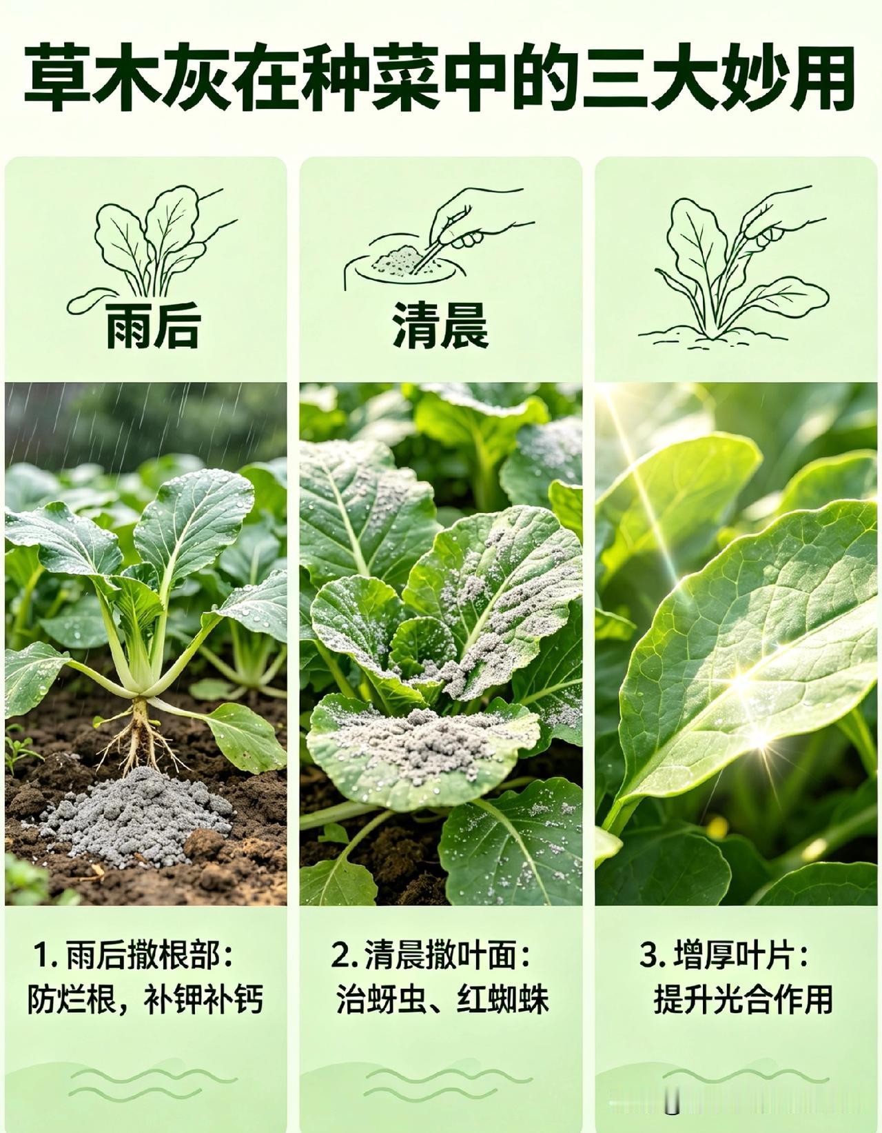 草木灰种菜的妙用：1.雨后将草木灰撒在蔬菜根部，可防止烂根，还能补充钾、钙元