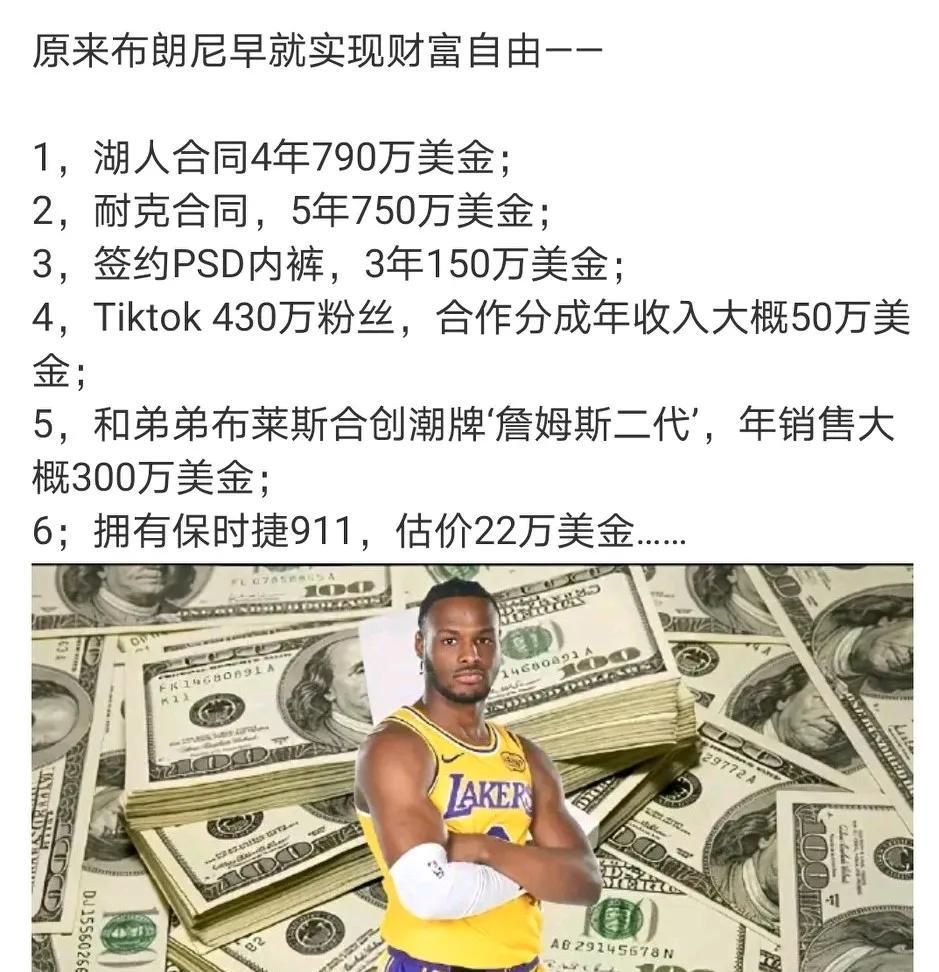 进入NBA后，依赖詹姆斯影响，太子布朗尼早就实现财富自由！算算这一年他赚了多少钱