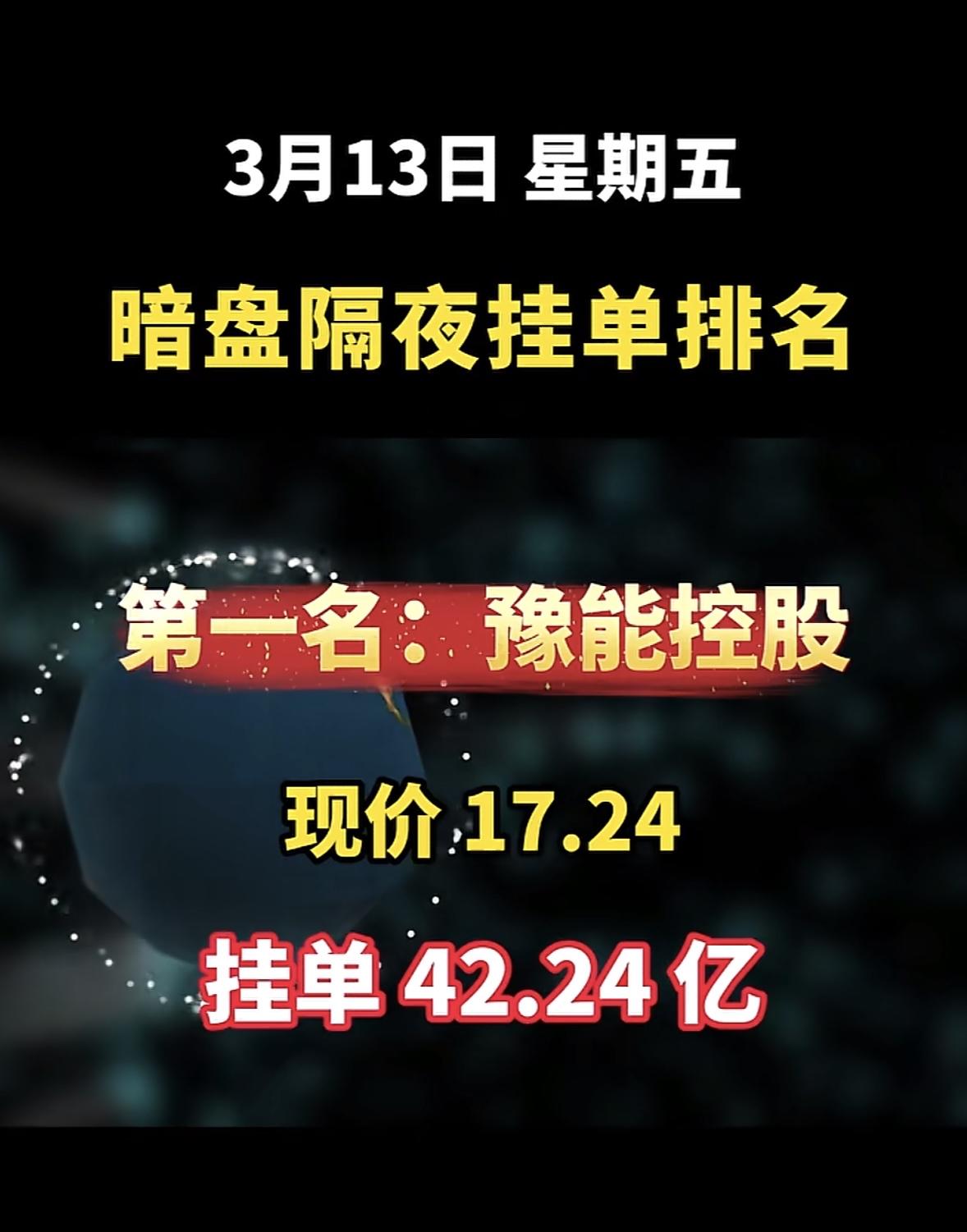 3月13日暗盘隔夜挂单排行揭晓，节能风电现价4.46，挂单92.66亿