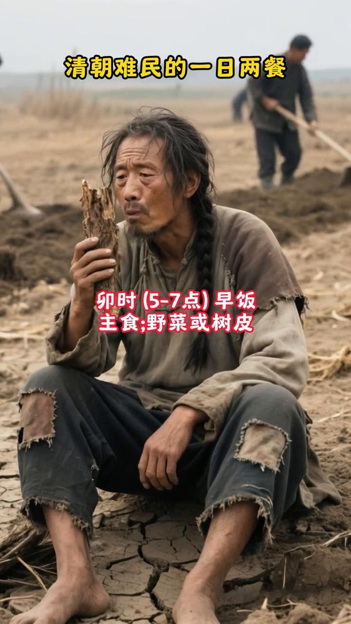 清朝难民的一日两餐。·卯时(5-7点)早饭：主食：野菜或树皮。找观音土(早饭后