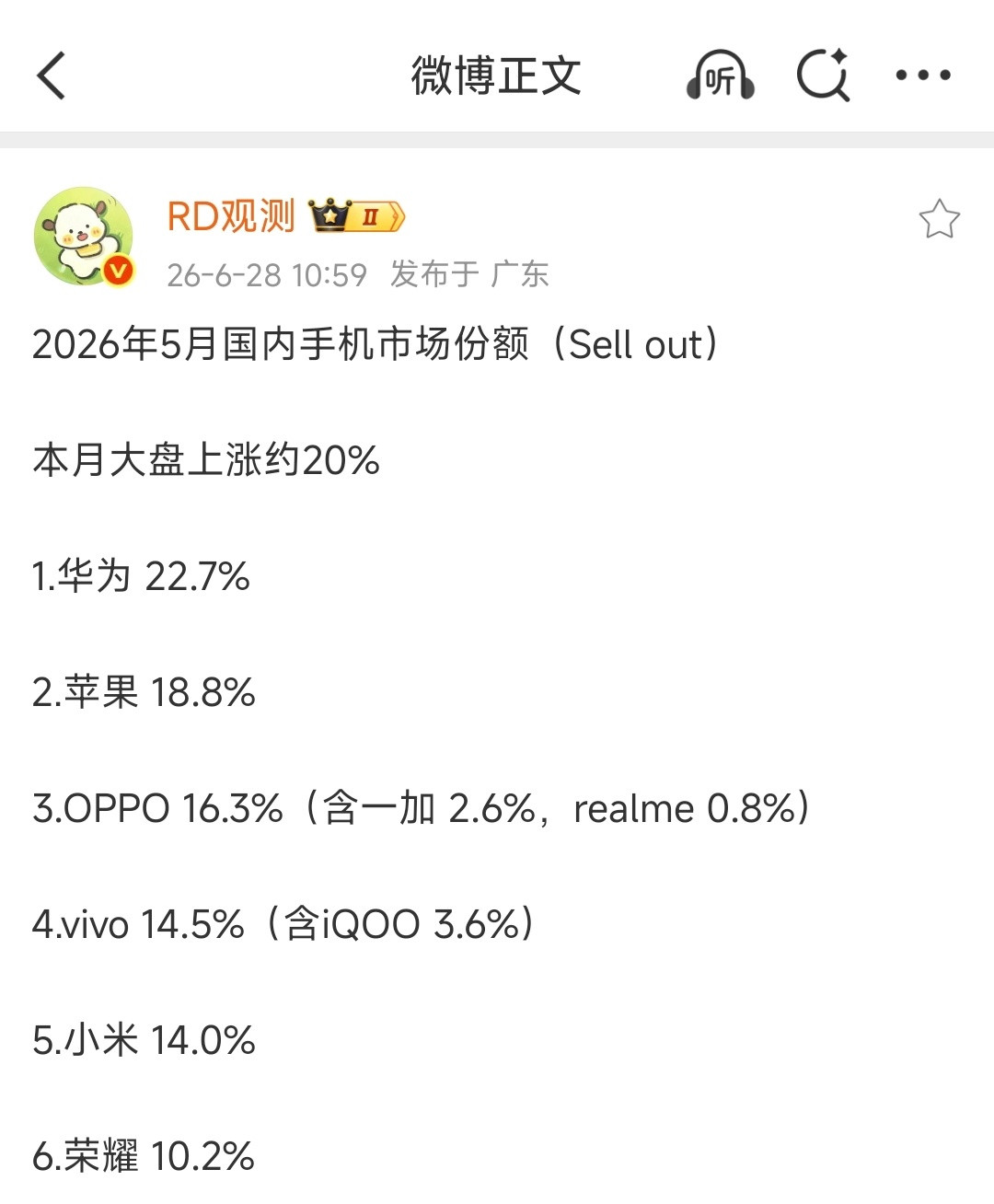 26年5月国内手机市场份额来了！华为/苹果势均力敌，OPPO紧追不舍，V/米/