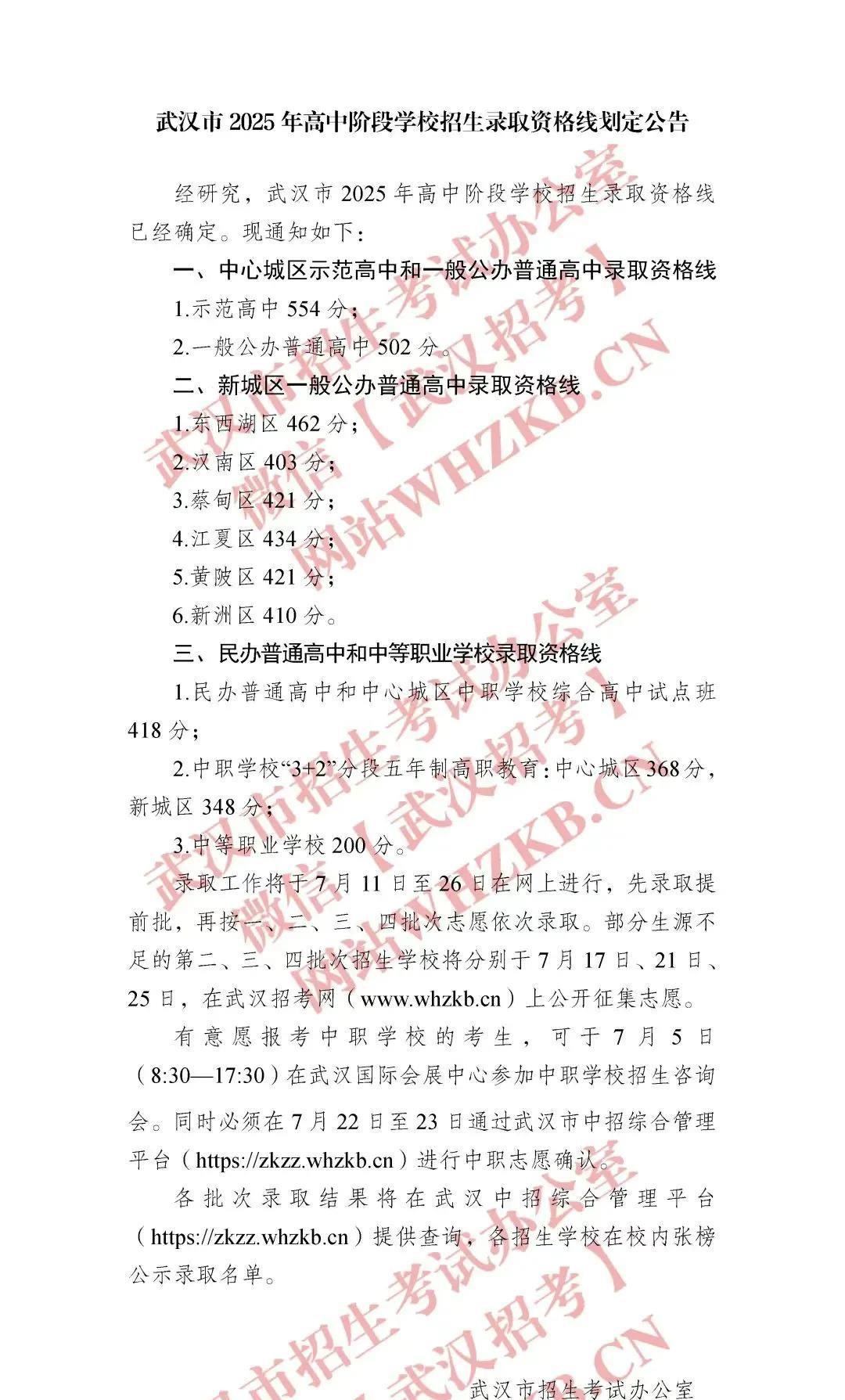 【2025武汉中考录取分数线】刚刚，2025年武汉市高中阶段学校招生录取资格线公