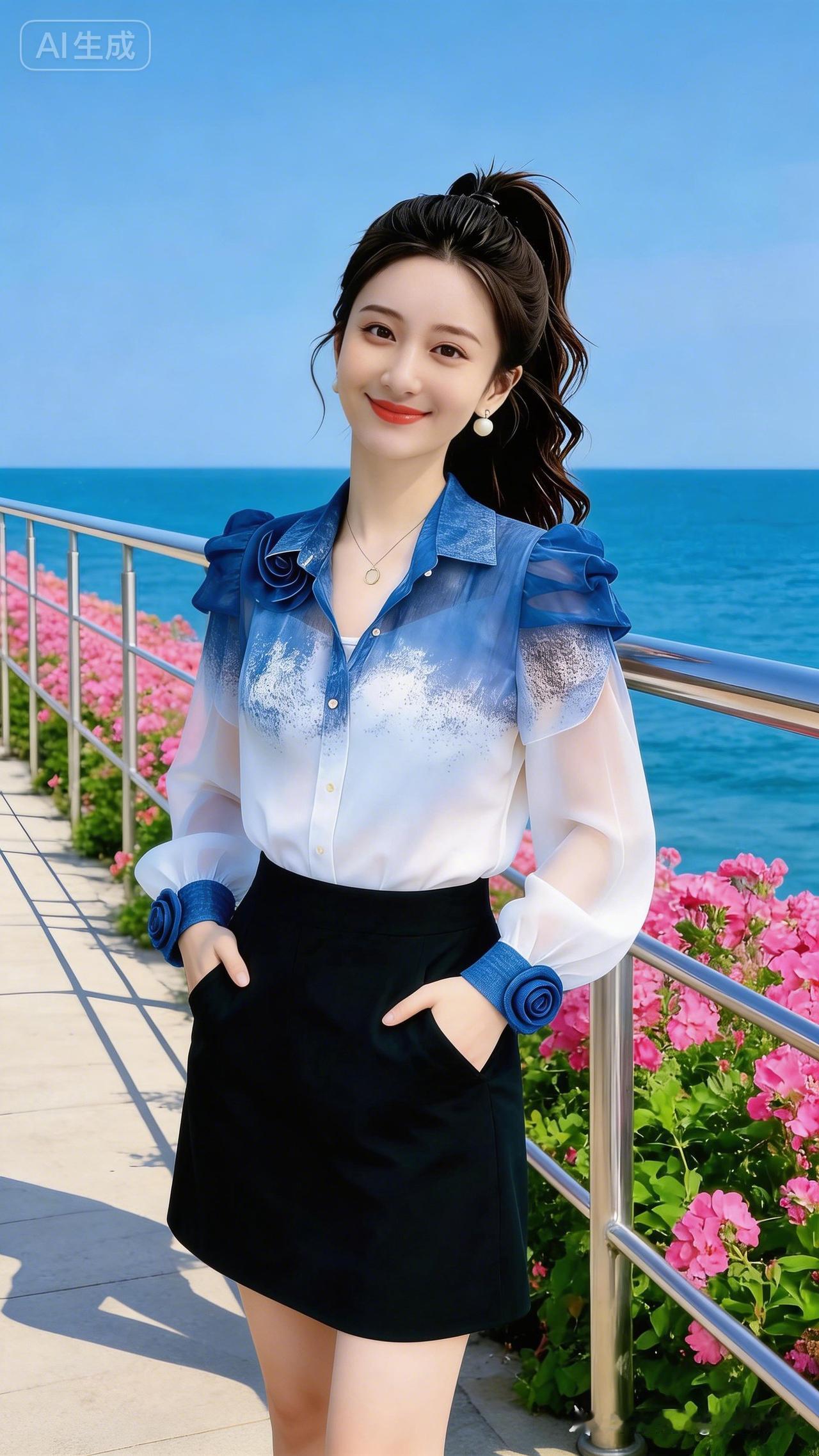 海边漫步，清新蓝白衬衫搭配黑色短裙，尽显夏日风情！🌊👗💃