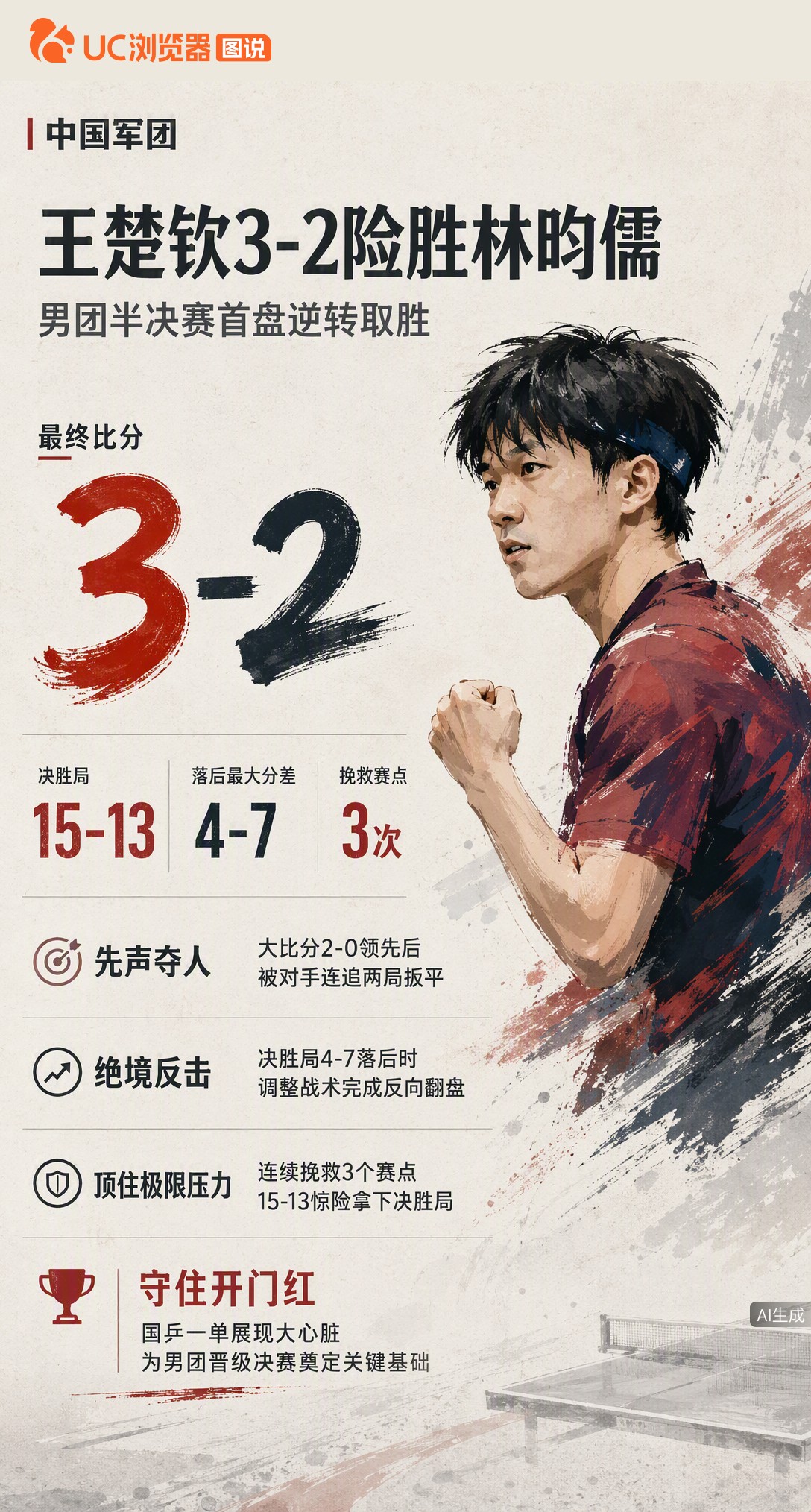 亚运男团半决赛，王楚钦2-0领先被林昀儒追平！决胜局4-7落后连救3赛点，15-13险胜为国乒守住开