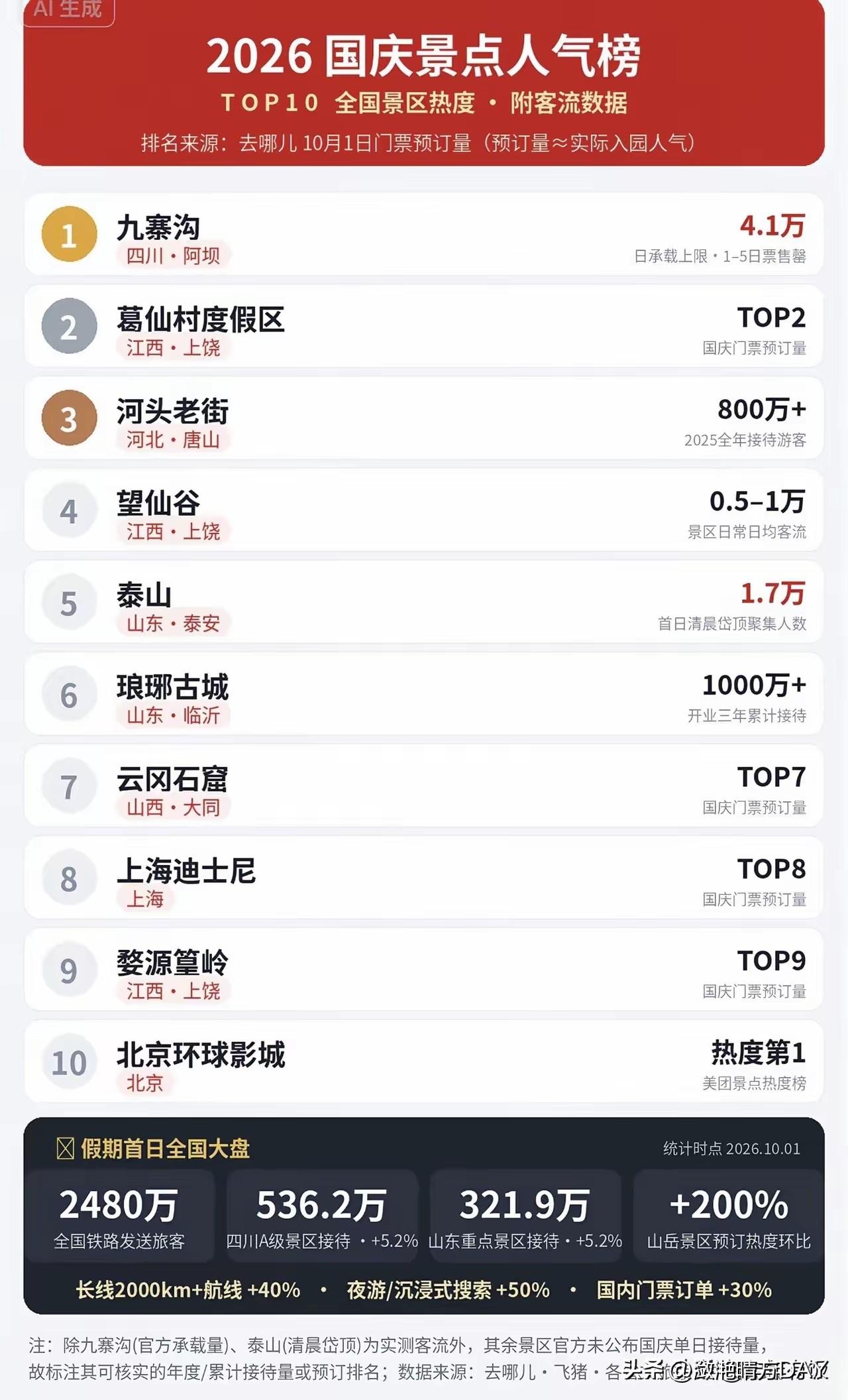 2026国庆人气榜：1、九寨沟；2、葛仙村度假区；3、河头老街；4、望仙