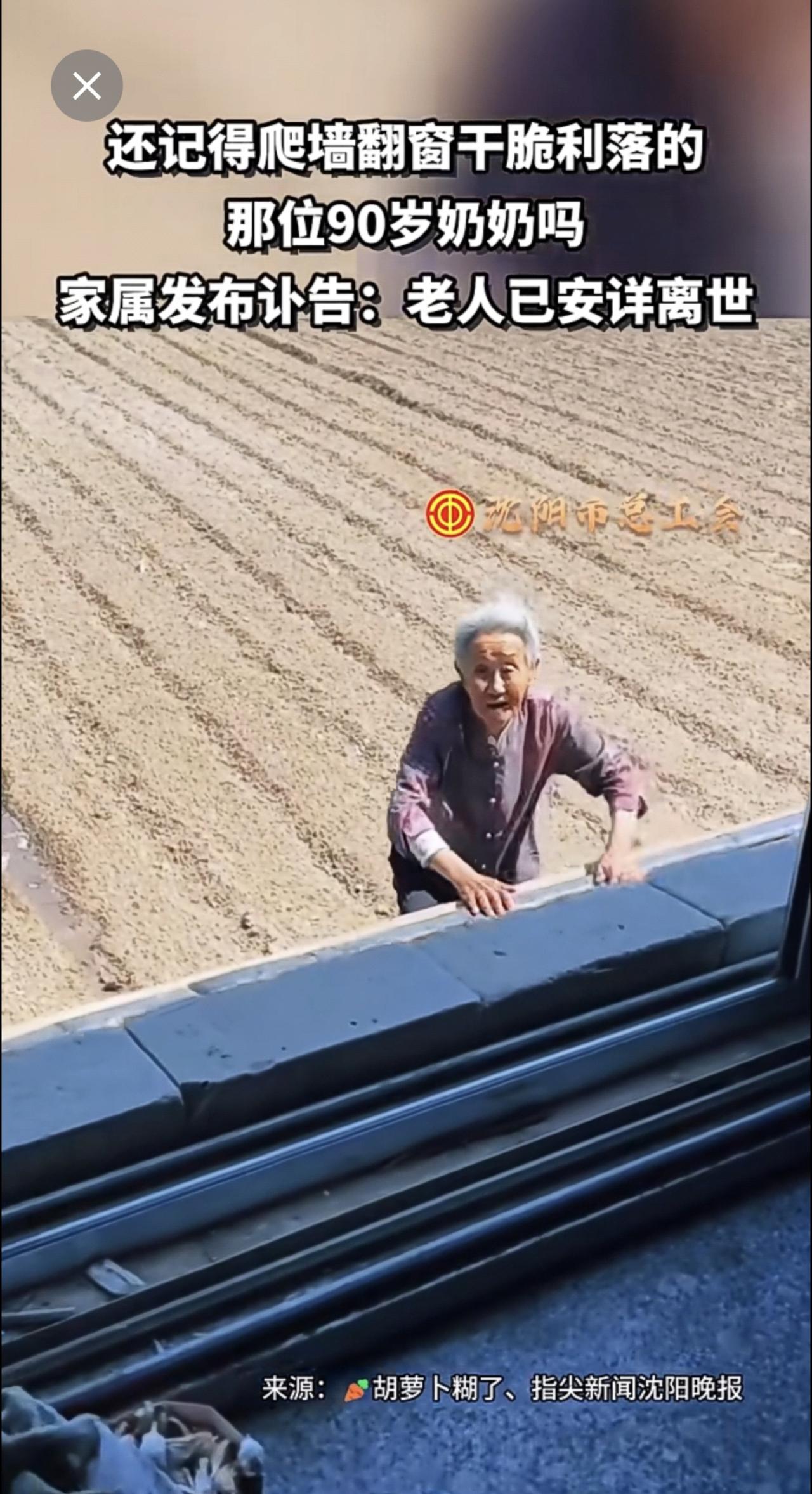 还记得爬墙翻窗干脆利落的那位90岁奶奶吗家属发布讣告：老人已安详离世（编辑