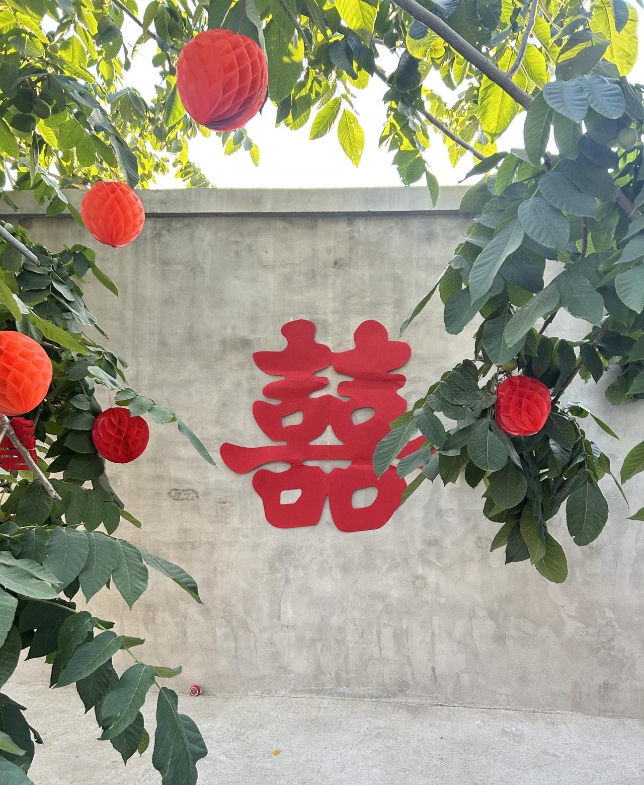 一对博士夫妻把婚礼办成了“村里流水席”。没司仪，没灯光，新娘穿红色大衣，新郎黑