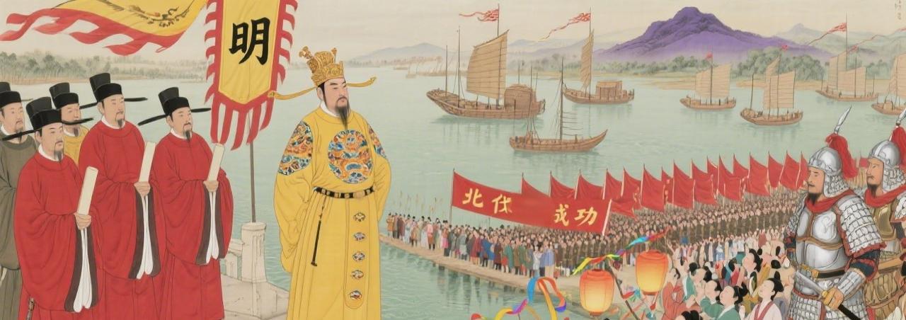 1370年深秋的南京龙江码头，人声鼎沸得像炸开了锅。朱元璋一身明黄龙袍站在彩楼高