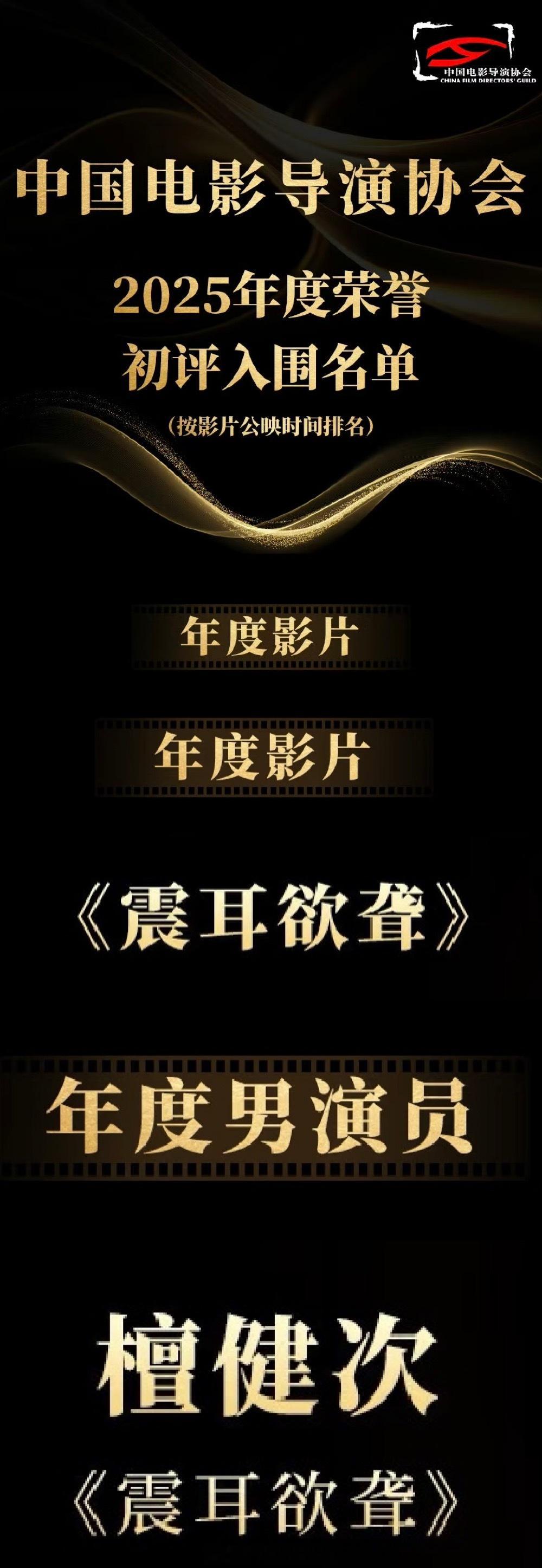 恭喜檀健次入围中国电影导演协会荣誉！檀健次入围年度男演员《震耳欲聋》入围年度影片