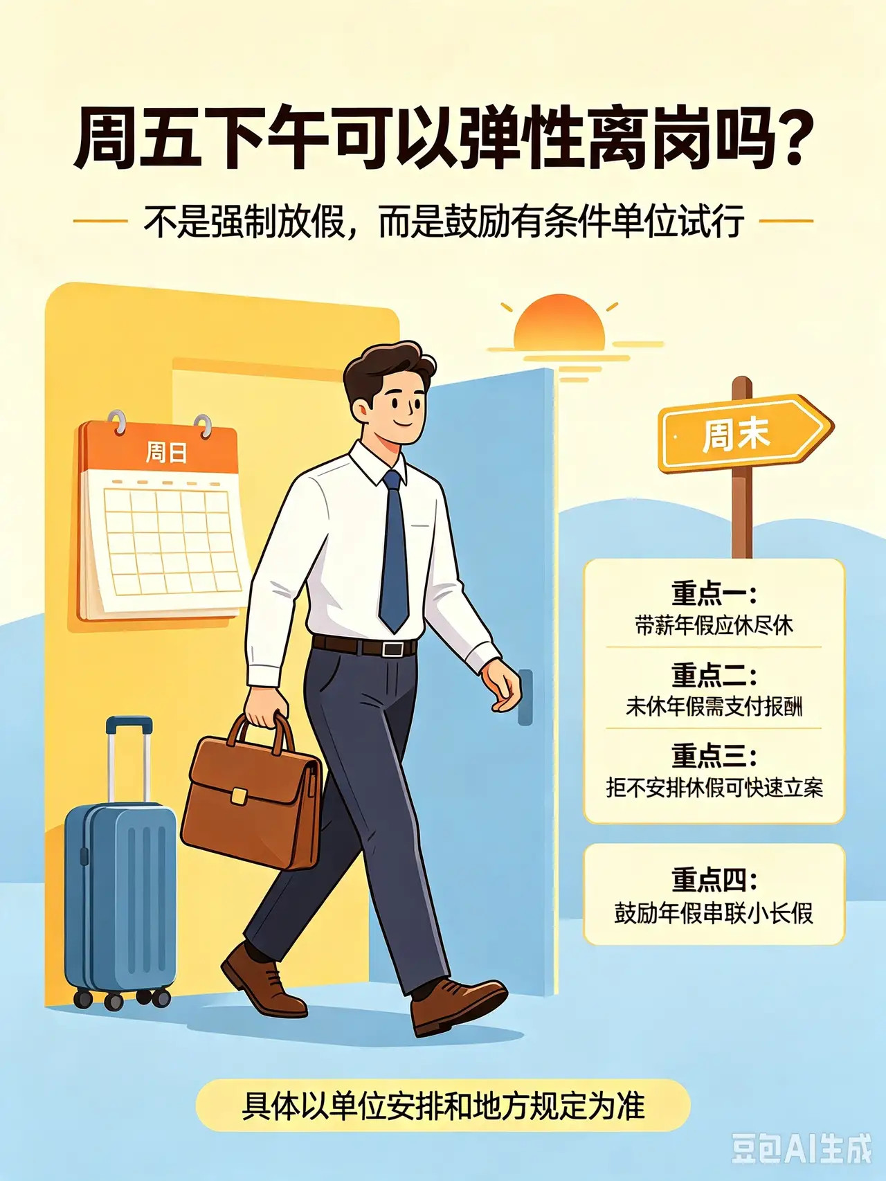 周五下午弹性离岗目前出台文件鼓励推行周五下午弹性作息的省份/直辖市：河北、江西、